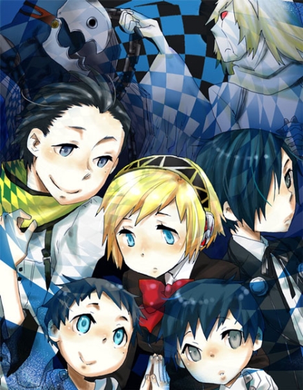 suminohirune, aigis (persona), messiah, mochizuki ryouji, pharos, thanatos (persona), yuuki makoto (persona 3), atlus, persona, persona 3, 1girl, 4boys, android, blonde hair, blue eyes, blue hair, child, headphones, multiple boys, scarf, school uniform, suspenders