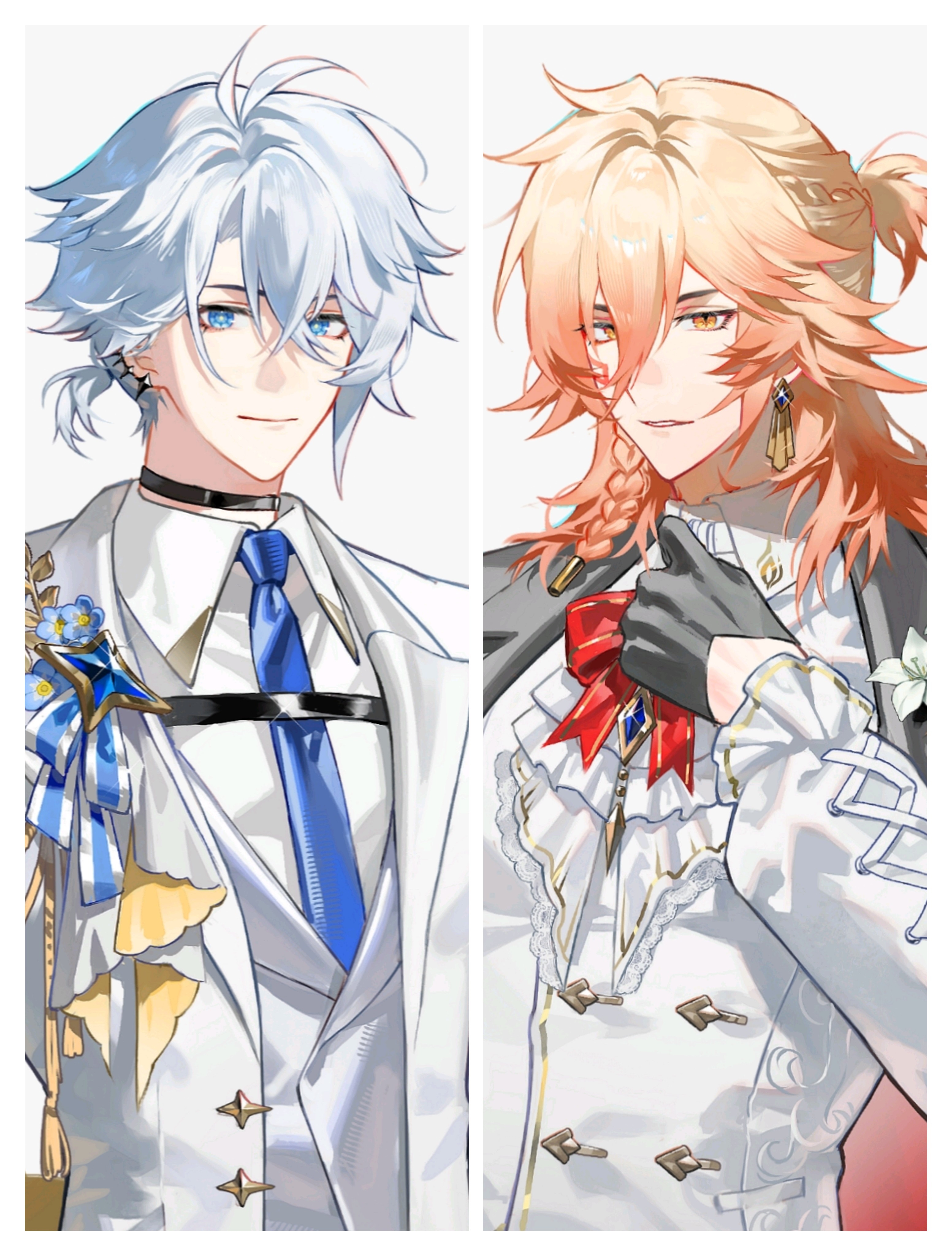 suirandanshihao, mydei (honkai: star rail), phainon (honkai: star rail), honkai: star rail, honkai (series), absurdres, highres, 2boys, antenna hair, black choker, black gloves, black jacket, blonde hair, blue eyes, blue necktie, braid, chest strap, choker, collared shirt, earclip, earrings, facial tattoo, gloves, gold earrings, gradient hair, half gloves, jacket, jewelry, male focus, medium hair, multicolored hair, multiple boys, neck tattoo, necktie, open clothes, open jacket, parted bangs, ponytail, red hair, red tattoo, shirt, short hair, side braid, tattoo, white hair, white shirt, yellow eyes