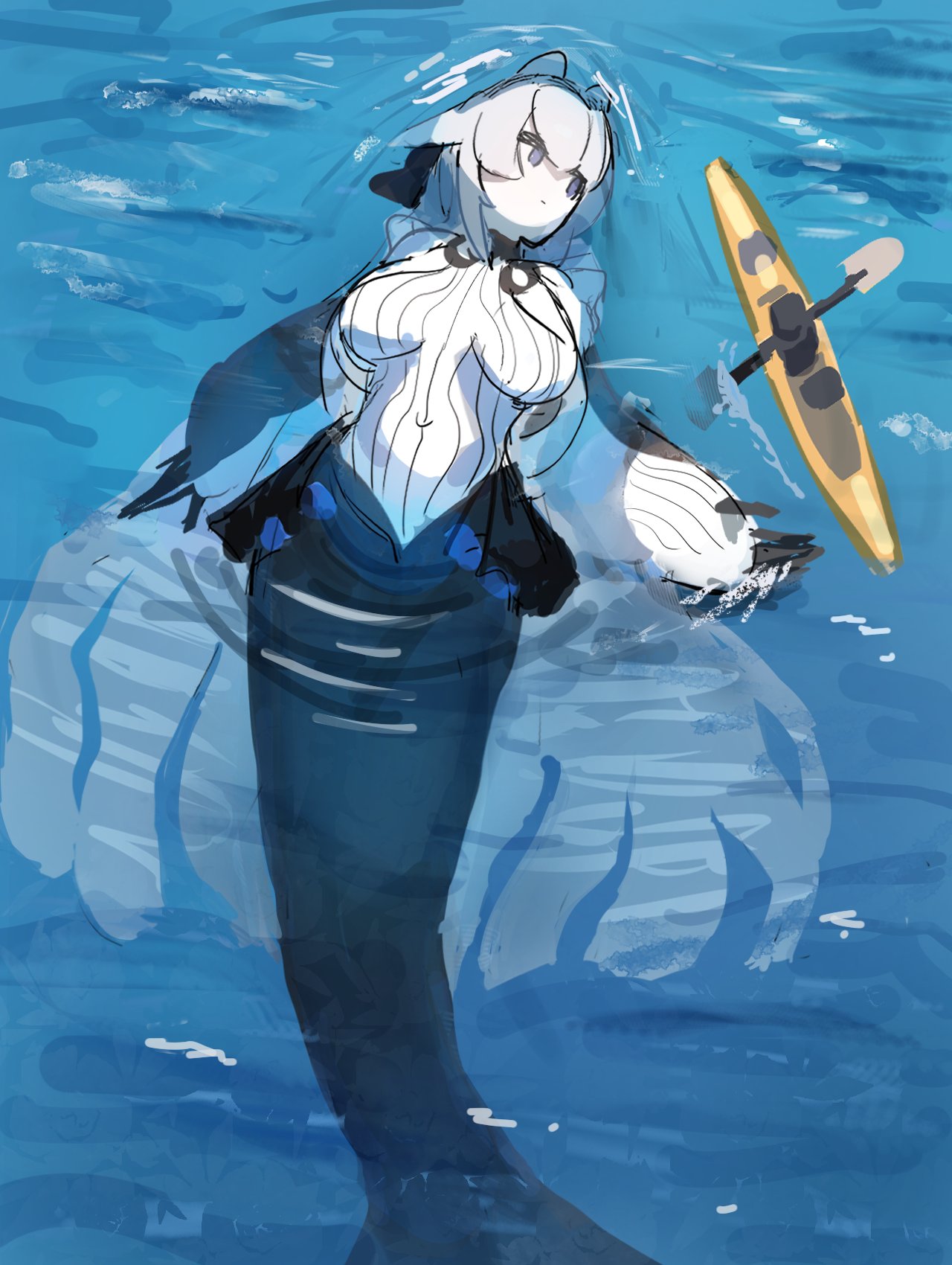 original, commentary request, highres, 1girl, fins, giant, giantess, grey eyes, hair between eyes, hassuyu ni, head fins, kayak, long hair, looking at another, lying, mermaid, monster girl, navel, oar, on back, paddle, partially submerged, swimming, water, white hair