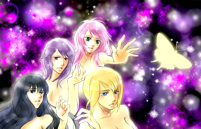 ta ko, anew returner, feldt grace, louise halevy, marina ismail, gundam, gundam 00, bad id, bad pixiv id, 00s, 4girls, bug, butterfly, multiple girls, nude, sparkle