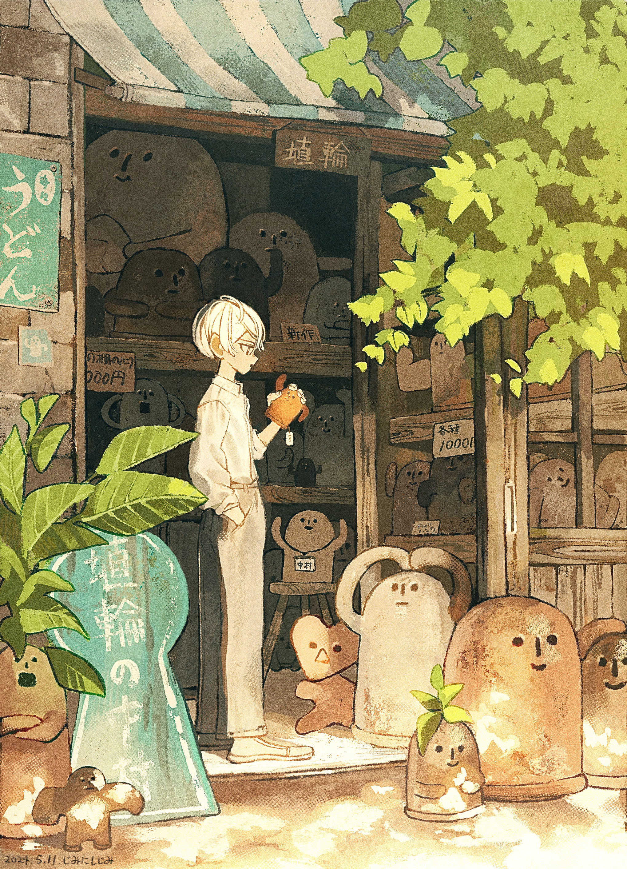 jimini shijimi, original, absurdres, commentary request, highres, translation request, 1boy, dated, day, from side, full body, grey pants, hand in pocket, haniwa (statue), holding, holding toy, long sleeves, male focus, outdoors, pants, plant, price, shirt, shoes, shop, short hair, slice of life, standing, toy, very short hair, white-haired man (jimini shijimi), white hair, white shirt