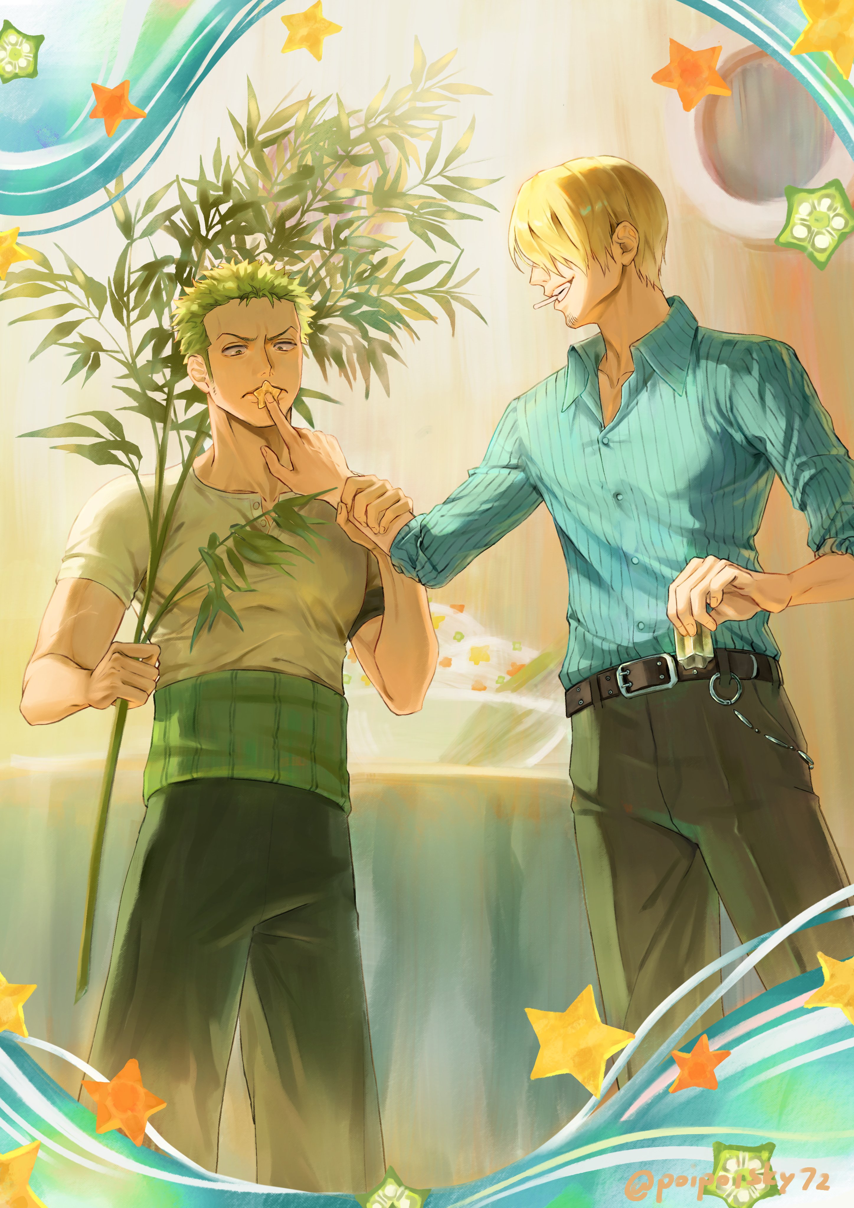 poipoisky72, roronoa zoro, sanji (one piece), one piece, absurdres, commentary request, highres, 2boys, bamboo, belt, black pants, blonde hair, blue shirt, brown belt, cigarette, green hair, holding another's wrist, male focus, mouth hold, multiple boys, pants, shirt, short hair, sideburns, smoking, star (symbol), striped clothes, striped shirt, tanabata, teeth hold, white shirt