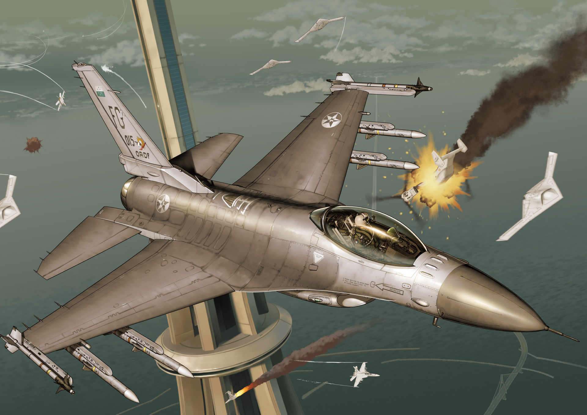 henshako, trigger (ace combat), ace combat, ace combat 7, highres, 1boy, aircraft, airplane, arsenal bird, blue sky, cloud, drone, energy barrier, explosion, f-16 fighting falcon, f/a-18e super hornet, fighter jet, military vehicle, missile, ocean, outdoors, sky, smoke, smoke trail