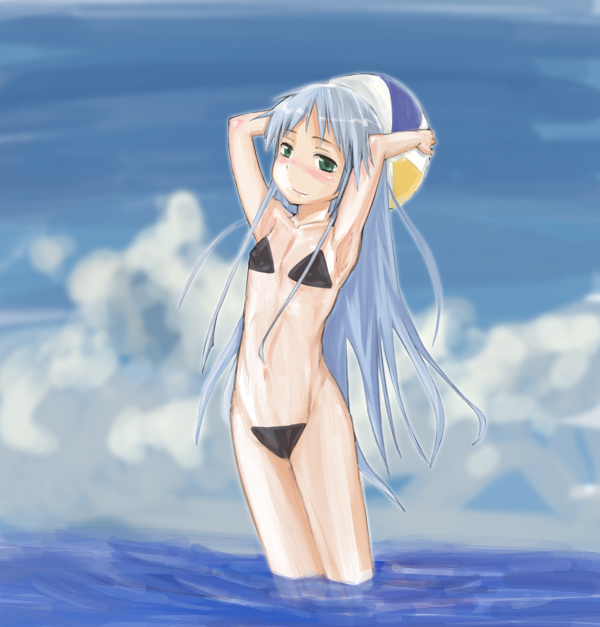 megane chuu, index (toaru majutsu no index), toaru majutsu no index, 00s, armpits, ball, beachball, blue hair, blush, flat chest, green eyes, long hair, maebari, nude, ocean, solo