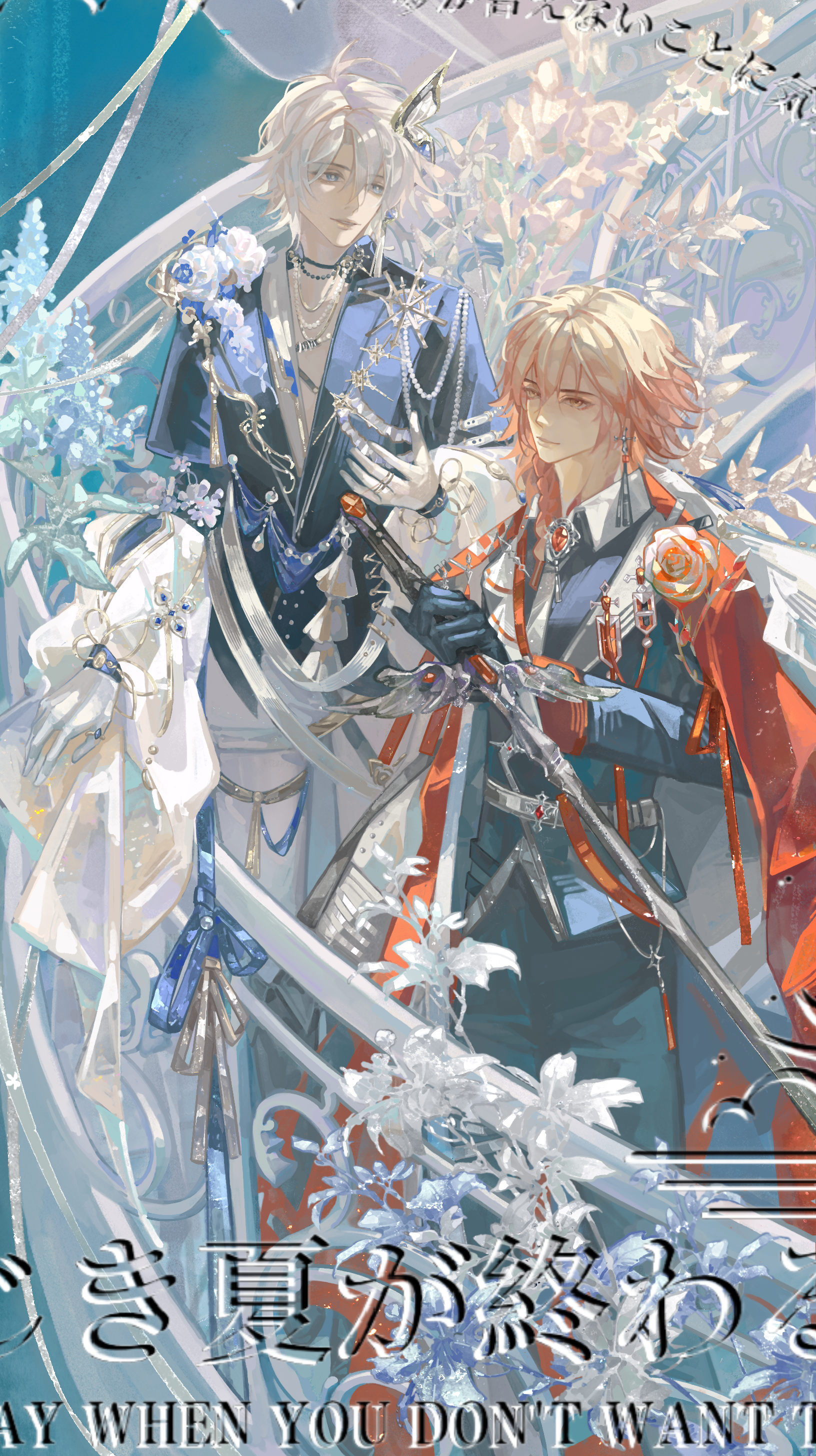 yanliangren, mydei (honkai: star rail), phainon (honkai: star rail), honkai: star rail, honkai (series), absurdres, chinese commentary, commentary request, highres, 2boys, antenna hair, black gloves, black pants, black shirt, blonde hair, blue eyes, braid, coat, coat on shoulders, collared shirt, earrings, gloves, gradient hair, holding, holding sword, holding weapon, jewelry, male focus, medium hair, multicolored hair, multiple boys, necklace, necktie, pants, parted bangs, red coat, red hair, shirt, short hair, side braid, sword, weapon, white gloves, white hair, white necktie, white pants, yellow eyes