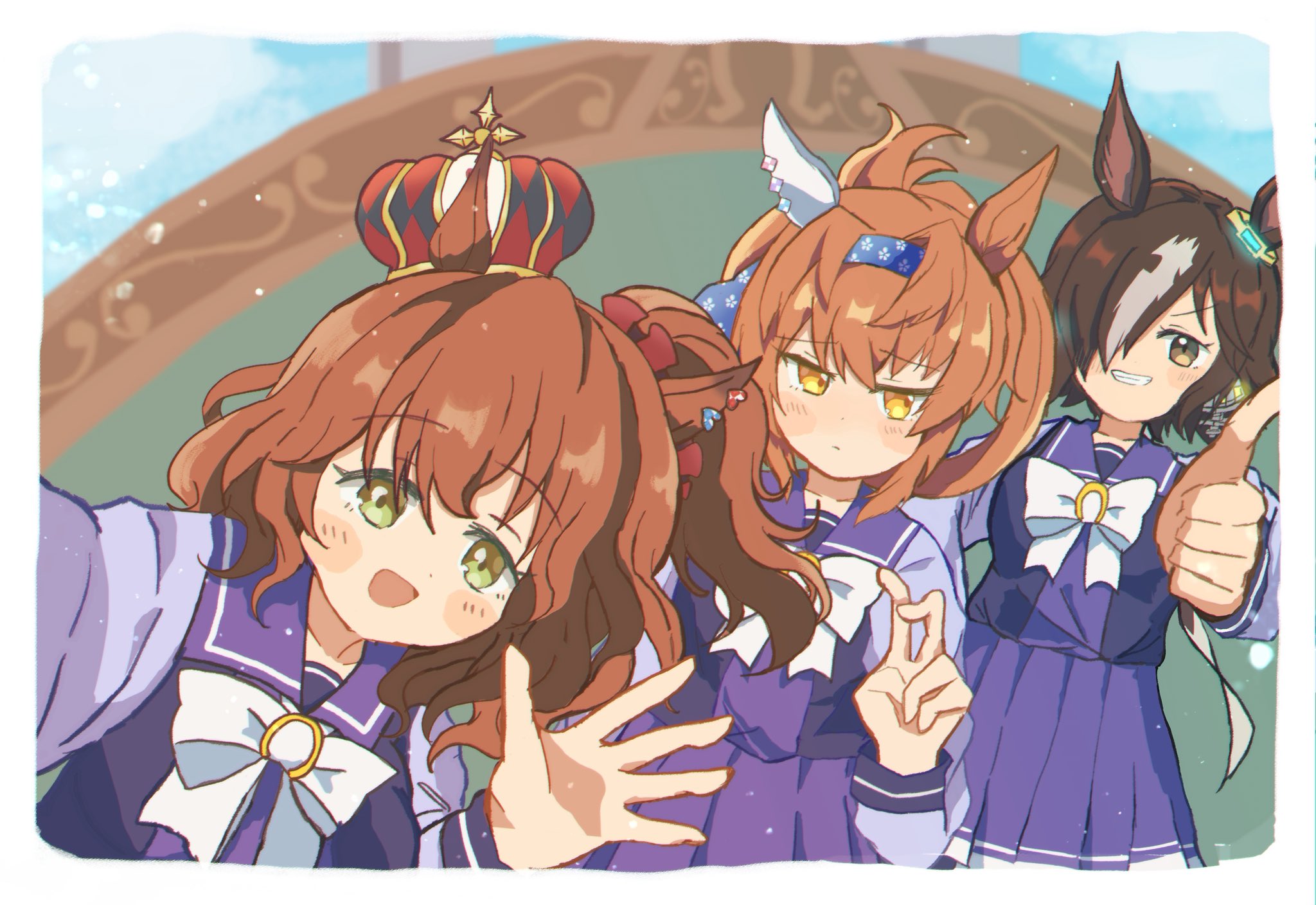 aston machan (umamusume), vodka (umamusume), umamusume, highres, 3girls, :d, animal ears, blue hairband, bow, bowtie, brown eyes, brown hair, crown, ear covers, ear ornament, furioso (umamusume), green eyes, hair between eyes, hair ornament, hair over one eye, hair scrunchie, hairband, horse ears, horse girl, horseshoe ornament, imooo4x, long hair, long sleeves, looking at viewer, low ponytail, mini crown, multiple girls, open mouth, ponytail, purple shirt, purple skirt, red scrunchie, sailor collar, sailor shirt, school uniform, scrunchie, selfie, shirt, single ear cover, skirt, smile, thumbs up, tracen school uniform, v, white bow, white bowtie, white hair, yellow eyes