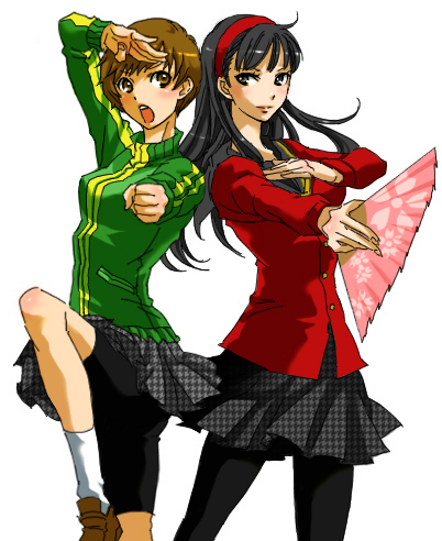 kotobuki toro, amagi yukiko, satonaka chie, atlus, persona, persona 4, lowres, 2girls, folding fan, hand fan, multiple girls, pantyhose, school uniform