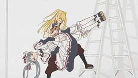 shidou mariya, shinouji matsurika, maria holic, animated, animated gif, lowres, 00s, apron, blonde hair, blue hair, expressionless, guitar, hair ribbon, human guitar, instrument, maid, maid apron, pantyhose, ribbon, skirt, trap, twintails, unconventional guitar