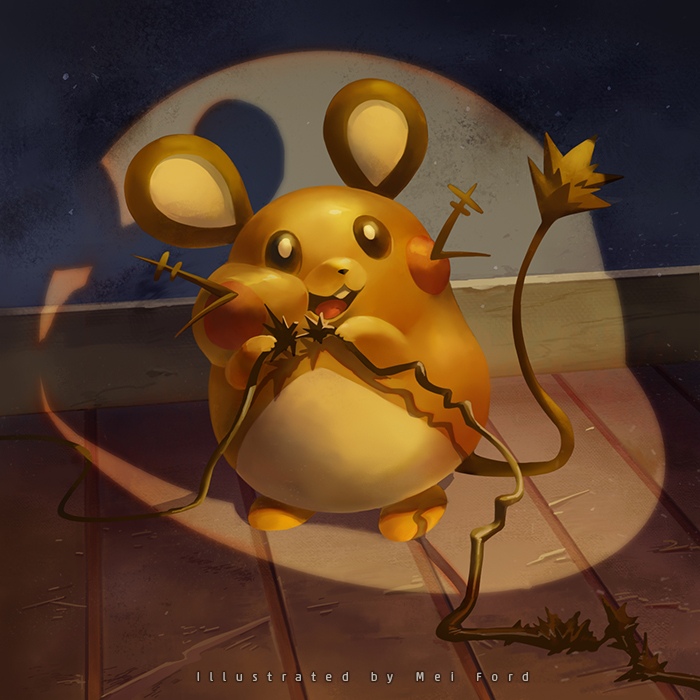 mei ford, dedenne, nintendo, pokemon, commentary request, animal focus, bright pupils, cable, chewing, full body, gen 6 pokemon, indoors, light particles, no humans, open mouth, pokemon (creature), scratched, solo, spotlight, white pupils, wooden floor