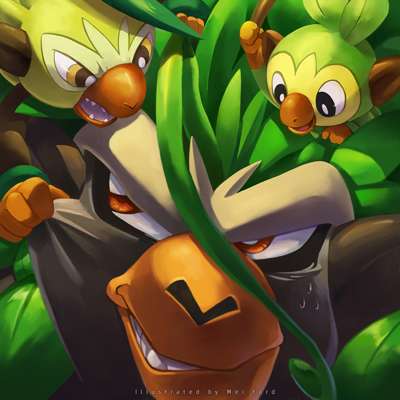 mei ford, grookey, rillaboom, thwackey, nintendo, pokemon, commentary request, angry, black eyes, bright pupils, brown eyes, cheek pull, evolutionary line, gen 8 pokemon, holding, holding stick, no humans, open mouth, pokemon (creature), sharp teeth, stick, sweatdrop, teeth, white pupils