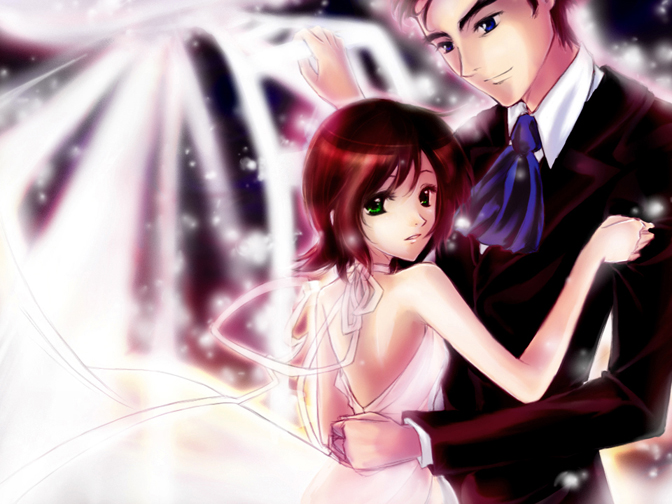 strib und werde, mikamo chizuko, nijuu-mensou, nijuu-mensou no musume, bad id, bad pixiv id, 00s, 1boy, 1girl, bare shoulders, couple, cowboy shot, dress, formal clothes, hetero, hug, long sleeves, looking at viewer, red hair, suit, wedding dress, white dress