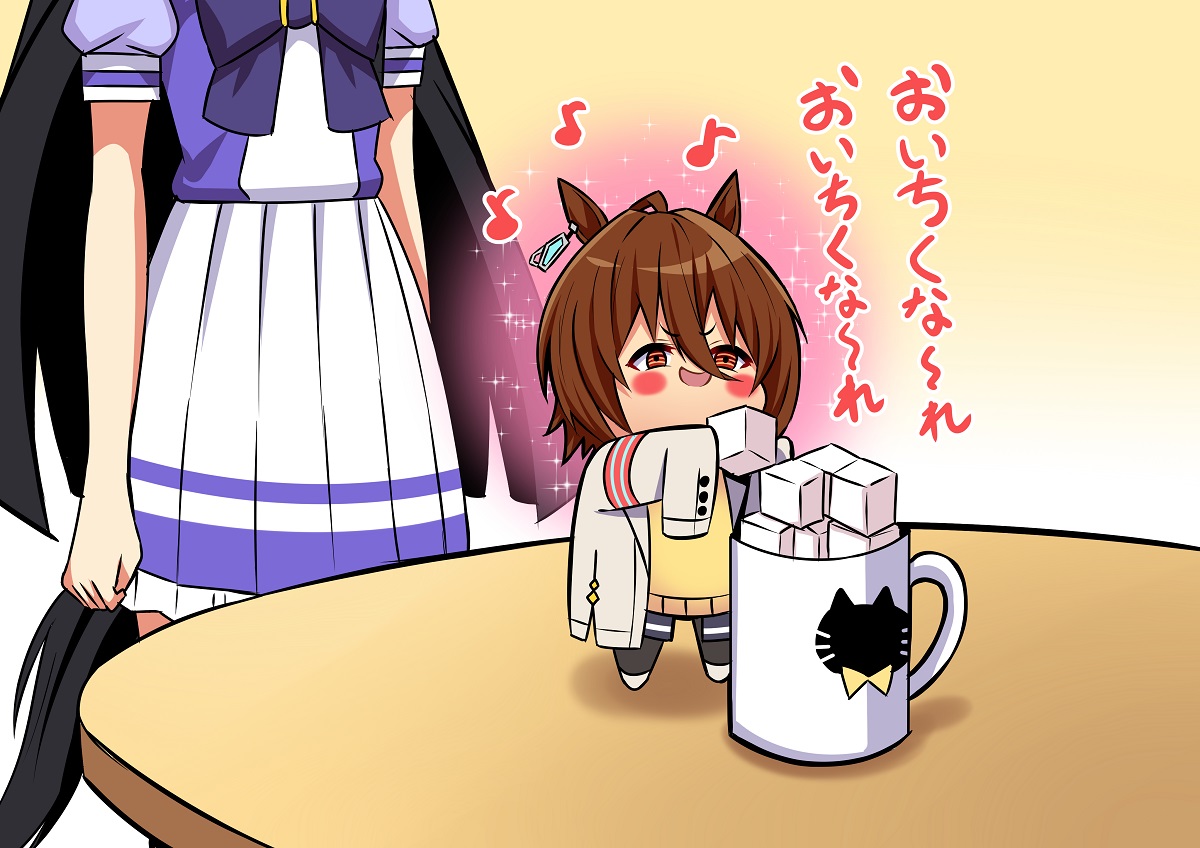 king kouta, agnes tachyon (tach-nology) (umamusume), agnes tachyon (umamusume), manhattan cafe (umamusume), umamusume, translation request, 2girls, animal ears, arms at sides, arms up, behind another, blush stickers, brown hair, chibi, cup, earrings, food, hair between eyes, holding, holding food, horse ears, horse tail, jewelry, lab coat, long hair, long sleeves, mini person, minigirl, multiple girls, musical note, on table, red eyes, school uniform, shirt, short sleeves, single earring, size difference, skirt, sleeves past fingers, sleeves past wrists, smile, sparkle, standing, sugar cube, sweater, table, tail, tracen school uniform, v-shaped eyebrows, very long hair, very long sleeves, yellow sweater
