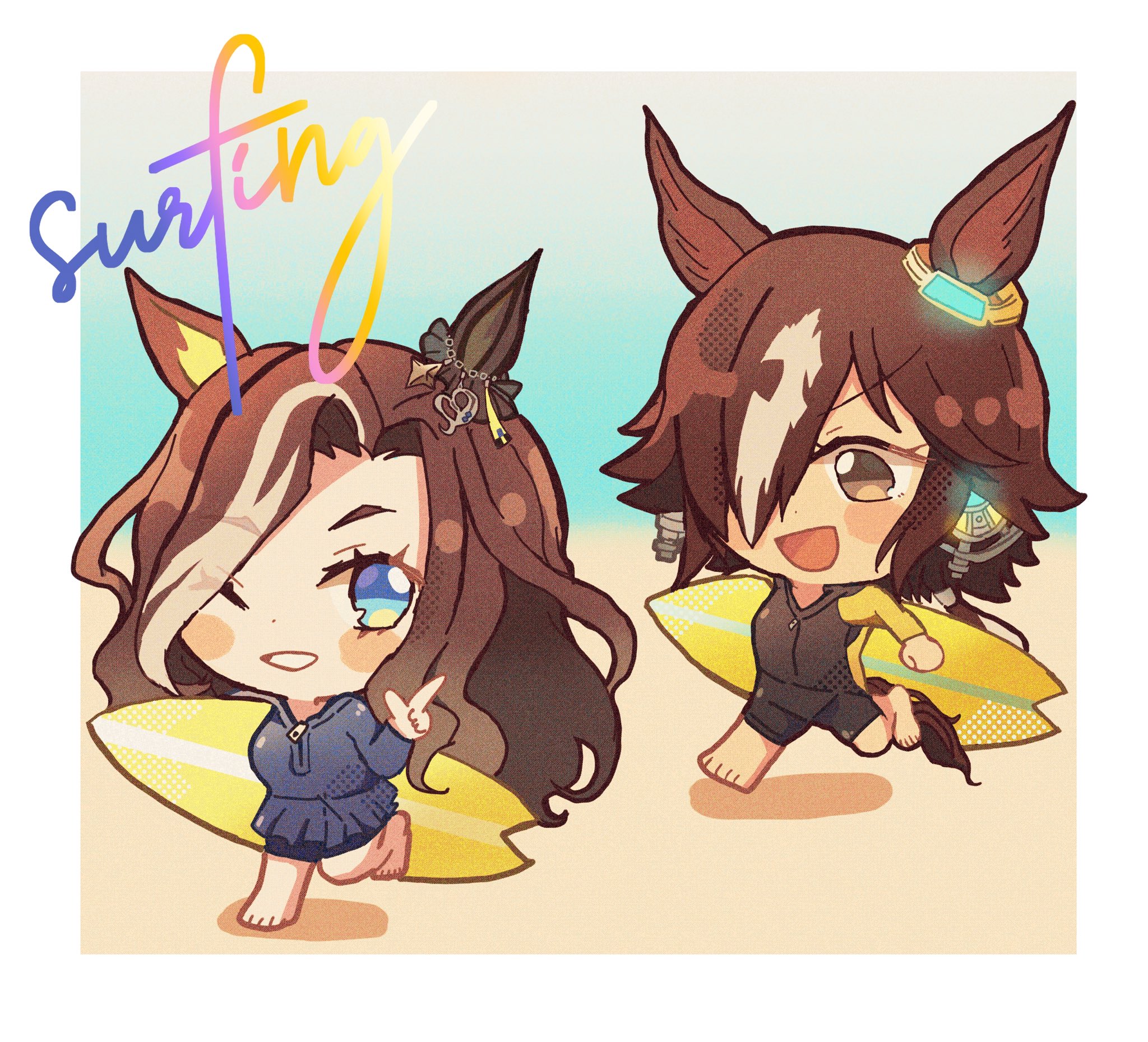 daring heart (umamusume), vodka (umamusume), umamusume, highres, 2girls, :d, ;), alternate costume, animal ears, blue eyes, brown eyes, brown hair, chibi, ear covers, hair over one eye, holding, holding behind back, holding surfboard, horse ears, horse girl, imooo4x, long hair, long sleeves, multicolored hair, multiple girls, one eye closed, open mouth, single ear cover, smile, streaked hair, surfboard, surfing, swimsuit, white hair