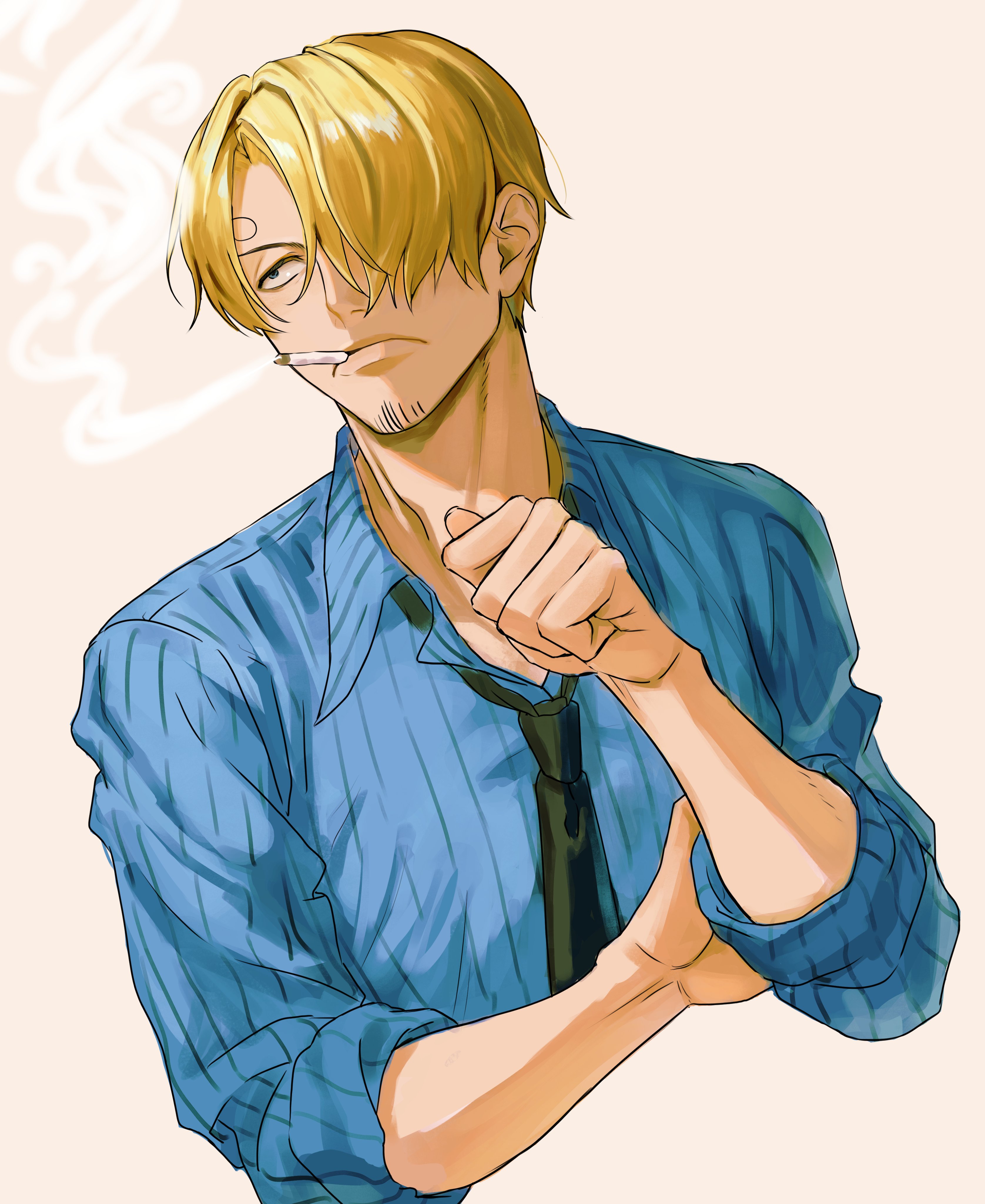poipoisky72, sanji (one piece), one piece, absurdres, commentary request, highres, 1boy, adam's apple, black necktie, blonde hair, blue shirt, cigarette, closed mouth, collared shirt, cropped torso, curly eyebrows, facial hair, goatee stubble, hair over one eye, male focus, necktie, shirt, short hair, simple background, smoking, solo, striped clothes, striped shirt, stubble, upper body