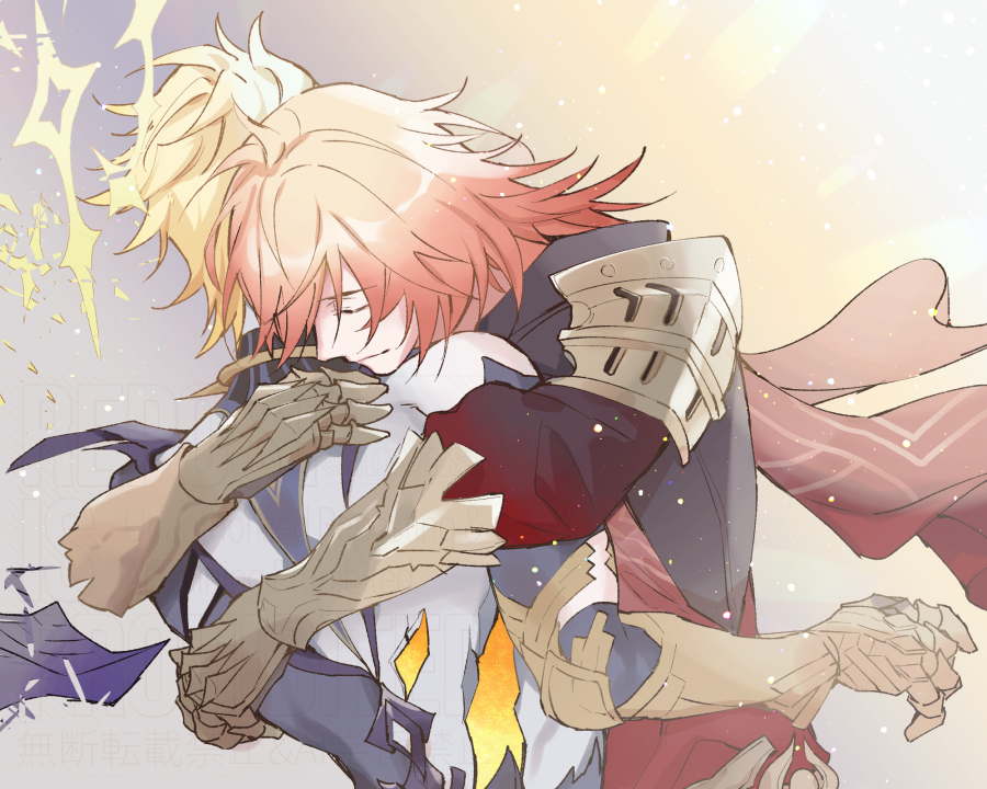 mydei (honkai: star rail), phainon (honkai: star rail), phainon (khaslana) (honkai: star rail), honkai: star rail, honkai (series), commentary request, 2boys, alternate form, armlet, black coat, blonde hair, braid, clawed gauntlets, closed eyes, coat, cracked skin, gradient hair, halo, halo behind head, hug, itiwa str, jewelry, male focus, medium hair, multicolored hair, multiple boys, open clothes, open coat, red hair, side braid, watermark, yaoi, yellow blood