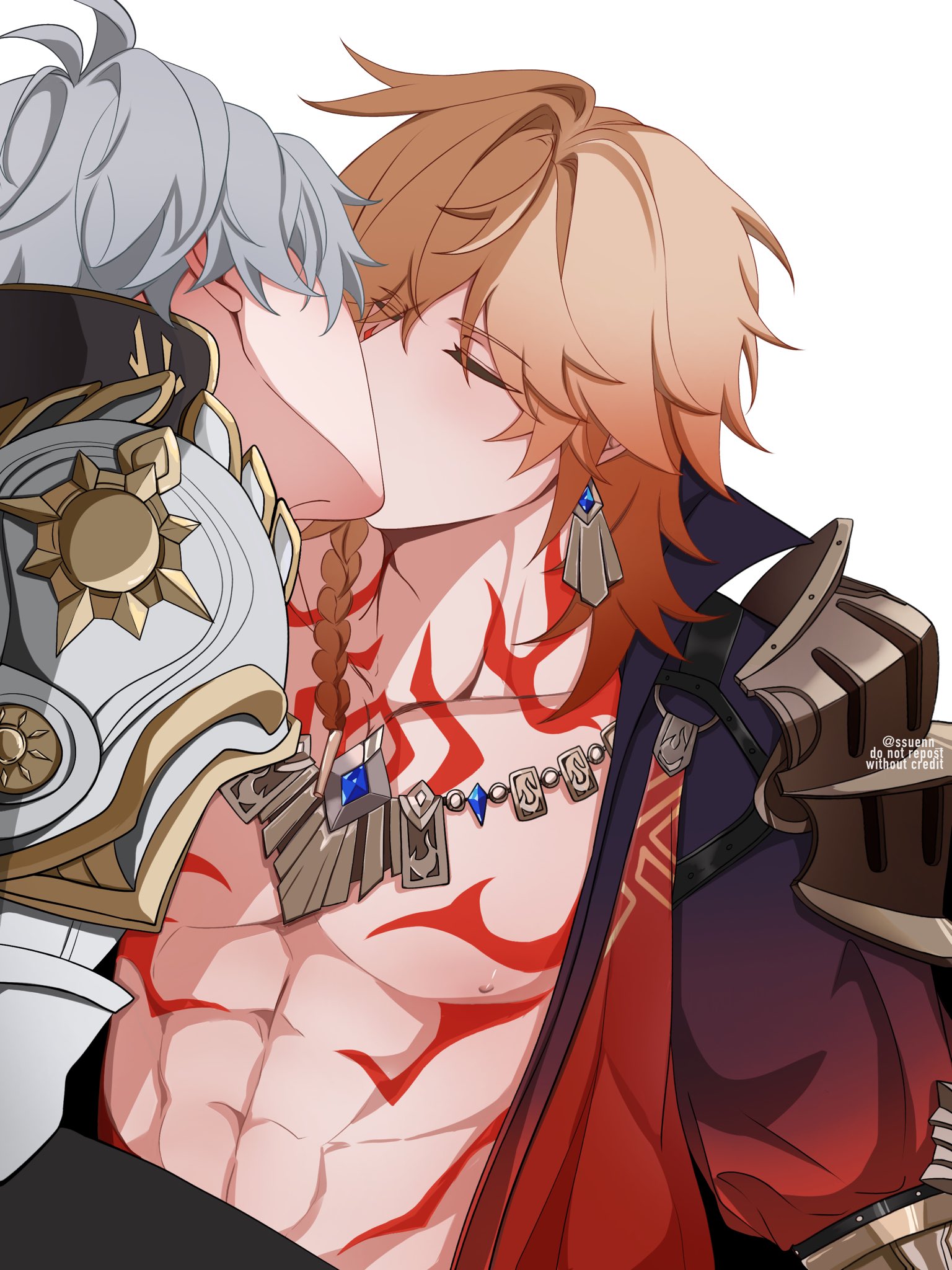mydei (honkai: star rail), phainon (honkai: star rail), honkai: star rail, honkai (series), commentary, english commentary, highres, 2boys, abs, antenna hair, arm tattoo, armlet, armor, black coat, black shirt, blonde hair, blush, braid, chest tattoo, clawed gauntlets, closed eyes, coat, earrings, facial tattoo, gold earrings, gold necklace, gradient hair, jewelry, kiss, male focus, medium hair, multicolored hair, multiple boys, necklace, open clothes, open coat, pauldrons, red hair, red tattoo, shirt, short hair, shoulder armor, side braid, simple background, single pauldron, ssuenn, tattoo, toned, toned male, white background, white coat, white hair, yaoi