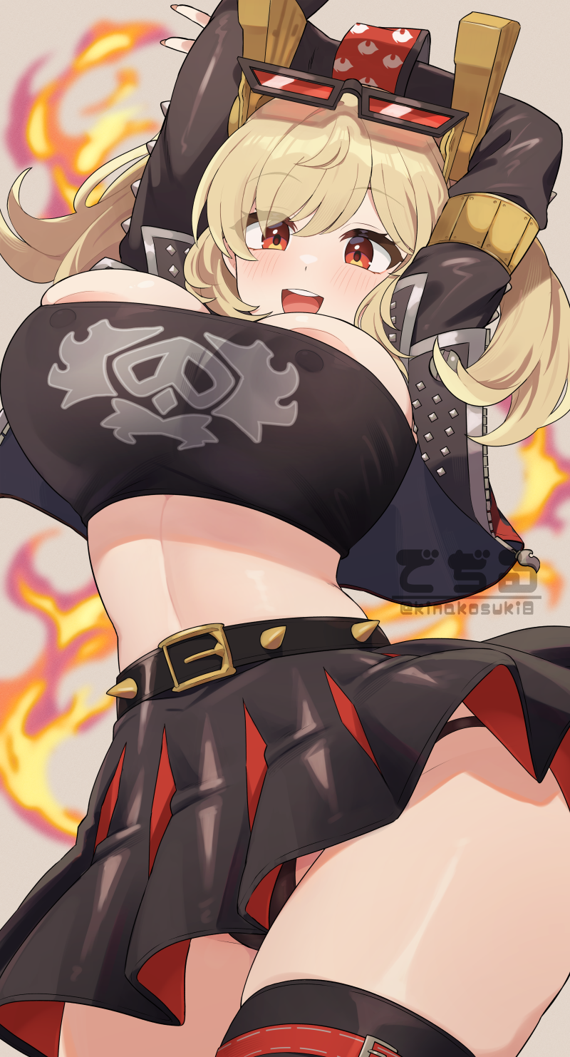 kinakosuki, burnice white, zenless zone zero, highres, 1girl, arms up, belt, belt buckle, black skirt, black thighhighs, blonde hair, blush, boots, breasts, buckle, fire, high heel boots, high heels, navel, open mouth, pleated skirt, red eyes, see-through clothes, short twintails, signature, skirt, thighhighs, twintails
