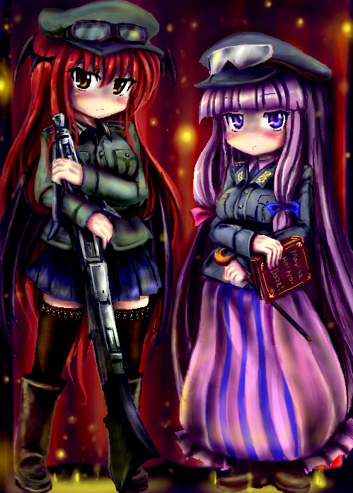 okiraku nikku, koakuma, patchouli knowledge, embodiment of scarlet devil, touhou, black legwear, 2girls, alternate costume, book, female focus, goggles, gradient background, gun, head wings, long hair, military, military uniform, multiple girls, red hair, skirt, thighhighs, weapon, wings
