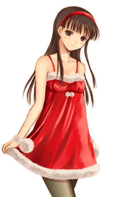 seiru (prairie), amagi yukiko, atlus, persona, persona 4, 1girl, bare shoulders, chemise, christmas, female focus, hairband, pantyhose, solo