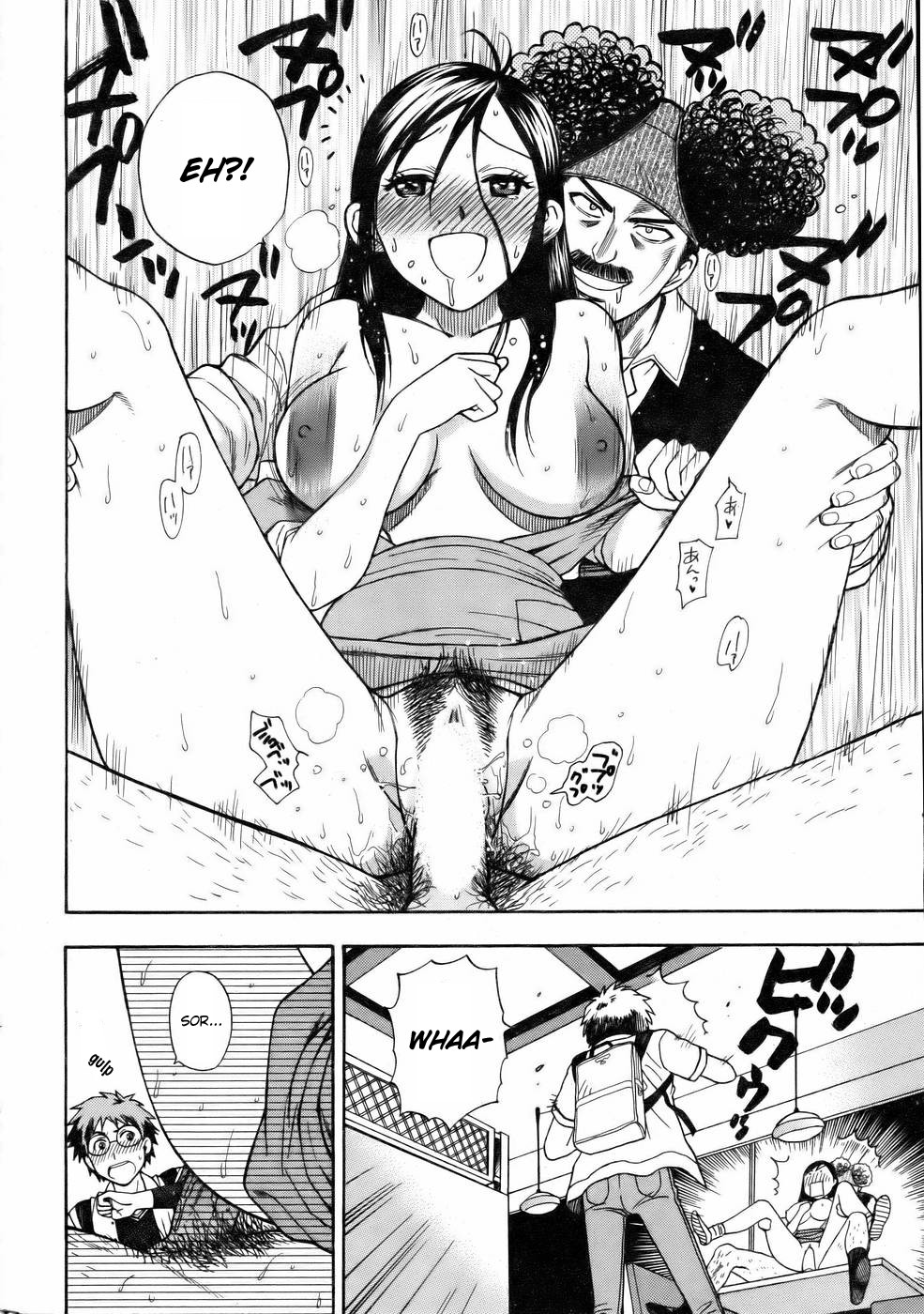 azuma tesshin, mata okoshi kudasai masa e, highres, translated, 1girl, 2boys, afro, blush, bouncing breasts, breasts, censored, female pubic hair, greyscale, large breasts, long hair, monochrome, motion blur, multiple boys, object on head, open mouth, panties, panties on head, pubic hair, sex, spread legs, underwear, vaginal