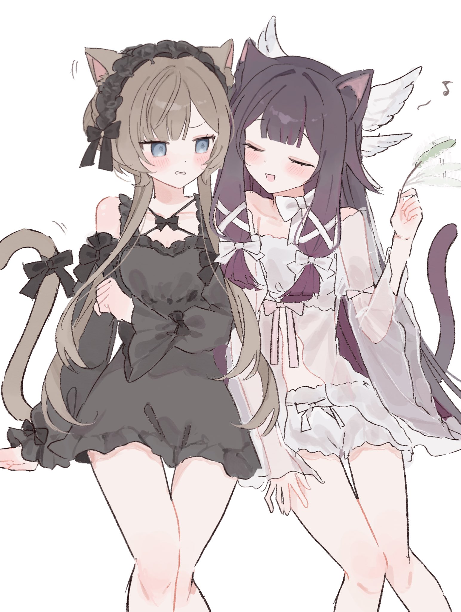 nankanankadayo, columbina (genshin impact), sandrone (genshin impact), genshin impact, highres, 2girls, alternate costume, animal ears, black dress, black hair, black hairband, black ribbon, bloomers, blue eyes, blush, brown hair, cat ears, cat girl, cat tail, clenched teeth, closed eyes, dress, feathers, feet out of frame, frilled hairband, frills, hair intakes, hair ribbon, hairband, head wings, holding, holding feather, kemonomimi mode, lolita hairband, long hair, looking at another, multiple girls, musical note, ribbon, sidelocks, simple background, sitting, tail, tail ornament, tail ribbon, tank top, teeth, underwear, white background, white bloomers, white ribbon, white tank top, white wings, wings