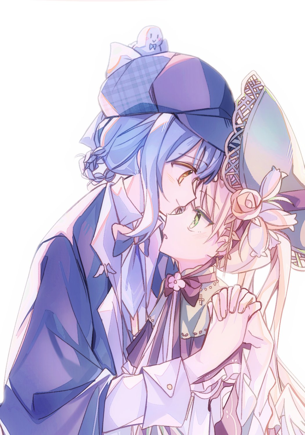 tachibana sherry, tono hanna, mahou shoujo no majo saiban, highres, 2girls, bird hat ornament, black capelet, blonde hair, blue hair, blue necktie, bonnet, braid, braided hair rings, capelet, chiyo (believe), deerstalker, dress, flower, green bonnet, green dress, green hair, hair rings, hat, holding hands, lolita fashion, magical girl, multiple girls, necktie, parted lips, short hair, simple background, white background, yellow eyes, yellow flower, yuri