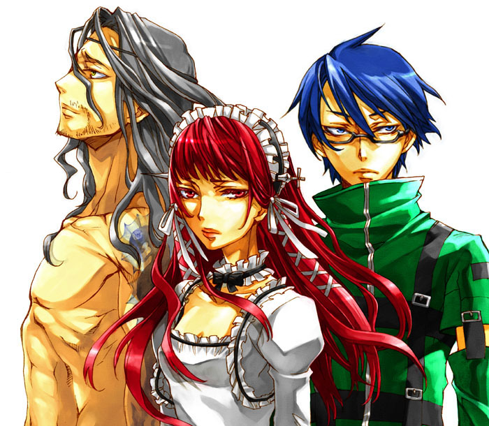 kotobuki toro, sakaki takaya, shirato jin, yoshino chidori, atlus, persona, persona 3, 1girl, 2boys, blue hair, glasses, gothic lolita, lolita fashion, multiple boys, red hair