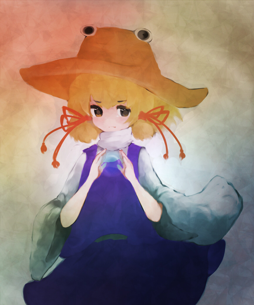 hinata shou, moriya suwako, touhou, bad id, bad pixiv id, 1girl, blonde hair, female focus, gradient background, hat, long sleeves, skirt, solo
