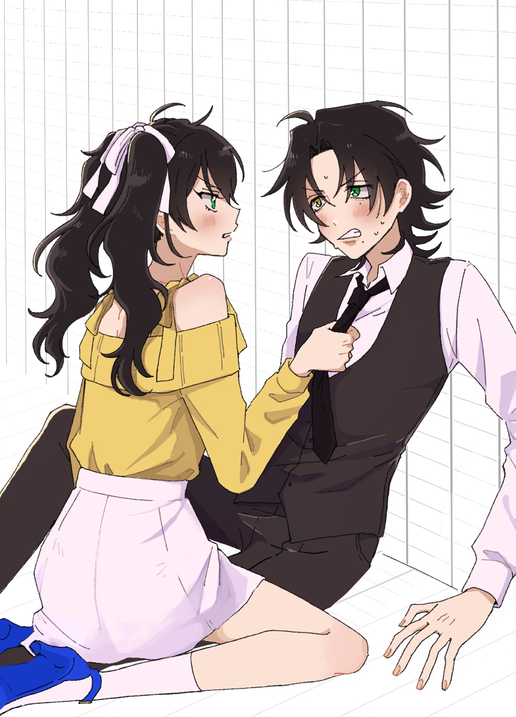 p4cnoo, yamada jiro, yamada saburo, hypnosis mic, hypnosis mic: alternative rap battle, highres, 2boys, ahoge, black hair, black necktie, black pants, black vest, blue shoes, blush, brothers, clenched teeth, clothes grab, collared shirt, crossdressing, crossdressing (mtf), curtained hair, dress pants, eye contact, fingernails, from side, full body, glaring, green eyes, grid background, hair between eyes, hair extensions, hair ribbon, heterochromia, implied incest, knee up, kneehighs, long hair, long sleeves, looking at another, male focus, medium hair, miniskirt, mole, mole under eye, mole under mouth, multiple boys, multiple moles, necktie, necktie grab, neckwear grab, nervous sweating, off-shoulder sweater, off shoulder, official alternate costume, pants, parted bangs, parted lips, profile, ribbon, shirt, shirt tucked in, shoes, shoulder blush, siblings, sitting, skirt, socks, straddling, strappy heels, sweat, sweater, tareme, teeth, thigh straddling, trap, twintails, v-shaped eyebrows, vest, waistcoat, wavy hair, white background, white ribbon, white shirt, white skirt, white socks, yellow eyes, yellow sweater