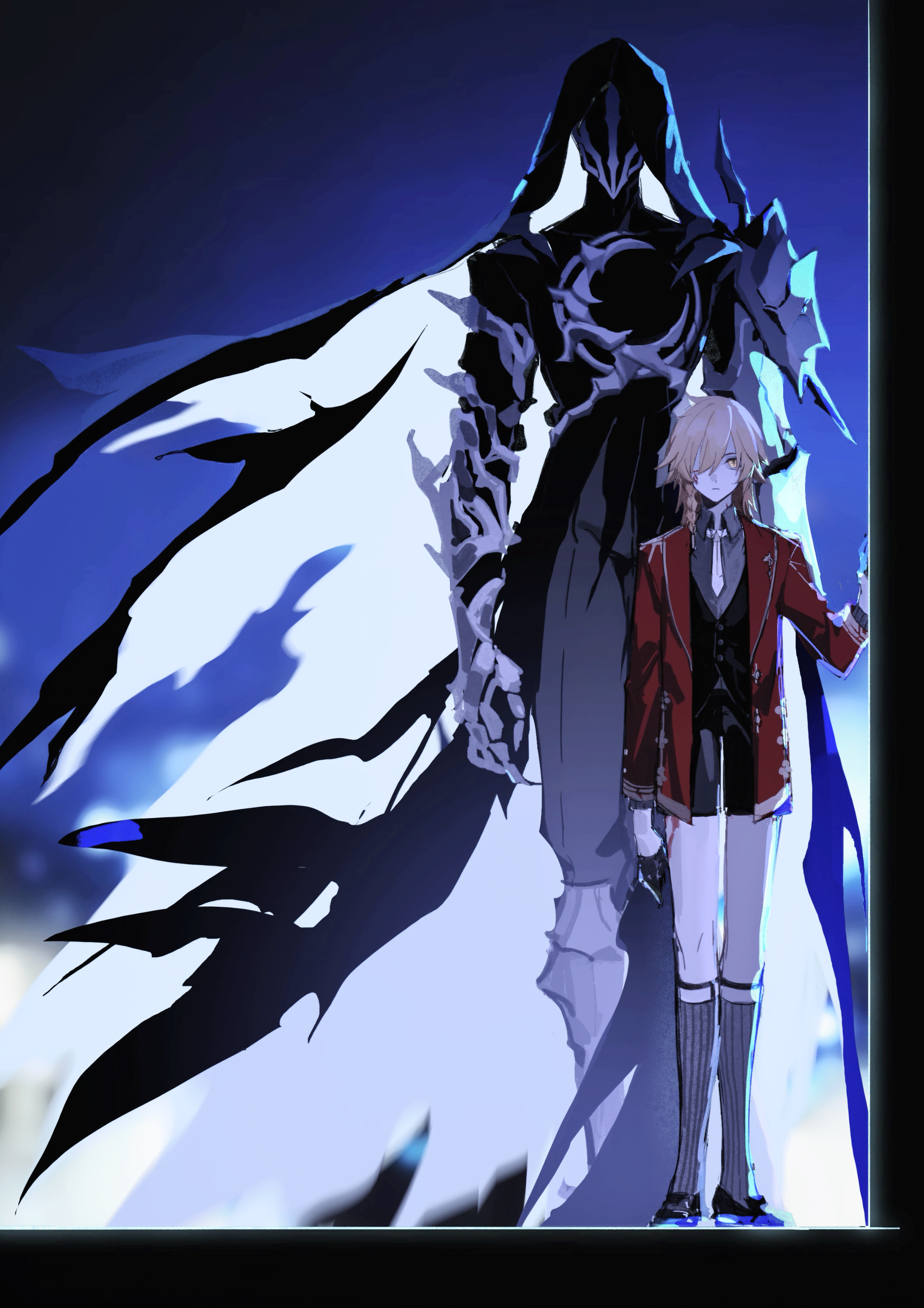jia qing zi, flame reaver of the deepest dark, mydei (honkai: star rail), honkai: star rail, honkai (series), absurdres, chinese commentary, commentary request, highres, 2boys, black cloak, black shirt, black shorts, black vest, blonde hair, braid, cloak, collared shirt, facial tattoo, gradient hair, hood, hood up, hooded cloak, jacket, male focus, medium hair, multicolored hair, multiple boys, night, night sky, open clothes, open jacket, red hair, red jacket, red tattoo, shirt, shorts, side braid, sky, tattoo, vest, yellow eyes