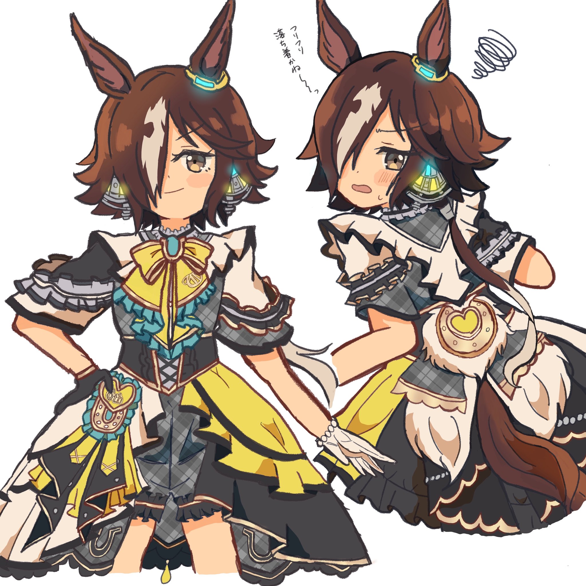vodka (umamusume), umamusume, highres, 1girl, animal ears, blush, bow, bowtie, brown eyes, brown hair, check costume, clothing cutout, hair over one eye, horse ears, horse girl, horseshoe ornament, imooo4x, long hair, looking at viewer, low ponytail, multiple views, overskirt, plaid clothes, plaid shorts, ponytail, shorts, simple background, smile, squiggle, tail, tail through clothes, trailblazer bash! (umamusume), white background, white hair, yellow bow, yellow bowtie