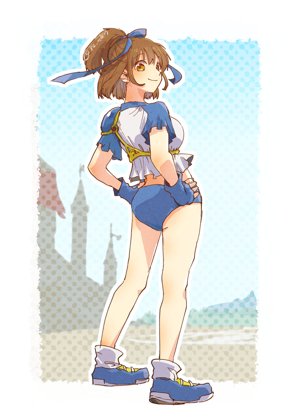 arle nadja, madou monogatari, puyopuyo, commentary request, highres, 1girl, 82 toko3, ankle socks, arm warmers, armor, blue buruma, blue ribbon, buruma, from behind, gym uniform, hair ribbon, hands on own hips, looking at viewer, looking back, ribbon, shoes, shoulder armor, signature, smile, sneakers, socks, two-tone shirt