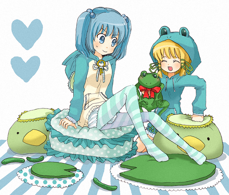 ameno (a meno0), kawashiro nitori, moriya suwako, touhou, striped legwear, bad id, bad pixiv id, 2girls, alternate costume, blue eyes, blue hair, casual, contemporary, cucumber, female focus, frog, heart, hood, hoodie, kappa, key, multiple girls, pantyhose, two side up