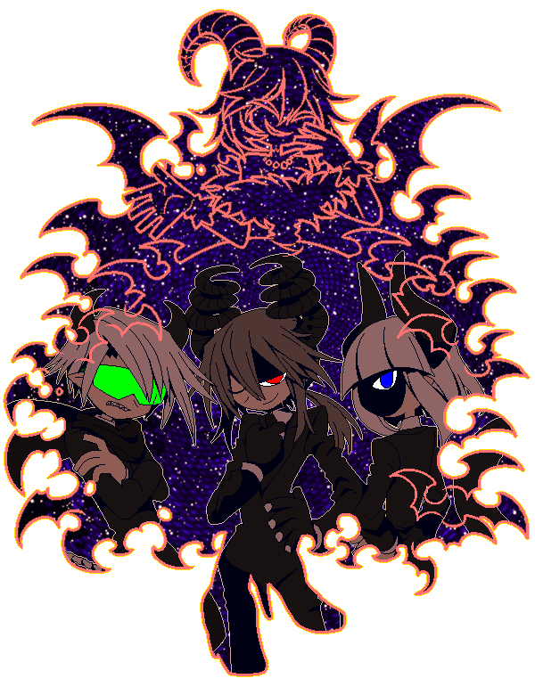 anten (funamusea), lil (funamusea), maekami, funamusea, official art, 1girl, 3boys, angry, bat wings, black dress, black gloves, black hoodie, black horns, black pants, black suit, blue eyes, blunt bangs, bone tail, breasts, cleavage, clenched teeth, collared shirt, cowboy shot, crossed arms, curled horns, daimonji (funamusea), demon boy, demon horns, demon tail, demon wings, double-parted bangs, dress, evil grin, evil smile, expressionless, formal clothes, frills, full body, fur-trimmed dress, fur-trimmed sleeves, fur trim, gem, gloves, glowing, glowing eyes, green-tinted eyewear, grey hair, grin, hair between eyes, hair wings, hand on own chest, hand on own face, hand on own hip, hands up, high heels, hood, hooded jacket, hoodie, horns, jacket, jewelry, large breasts, long dress, long hair, long sidelocks, long sleeves, looking at viewer, low-tied long hair, mature female, mature male, medium hair, multiple boys, multiple wings, nail polish, necklace, no ears, nose, one eye closed, open hand, outline, pale skin, pants, partially shaded face, pearl (gemstone), pearl necklace, pink hair, pink outline, pink wings, red eyes, shaded face, sharp teeth, shirt, sidelocks, simple background, smile, standing, starry sky print, suit, tail, teeth, tinted eyewear, upper body, very long hair, white background, white hair, white nails, white outline, white shirt, white tail, wings