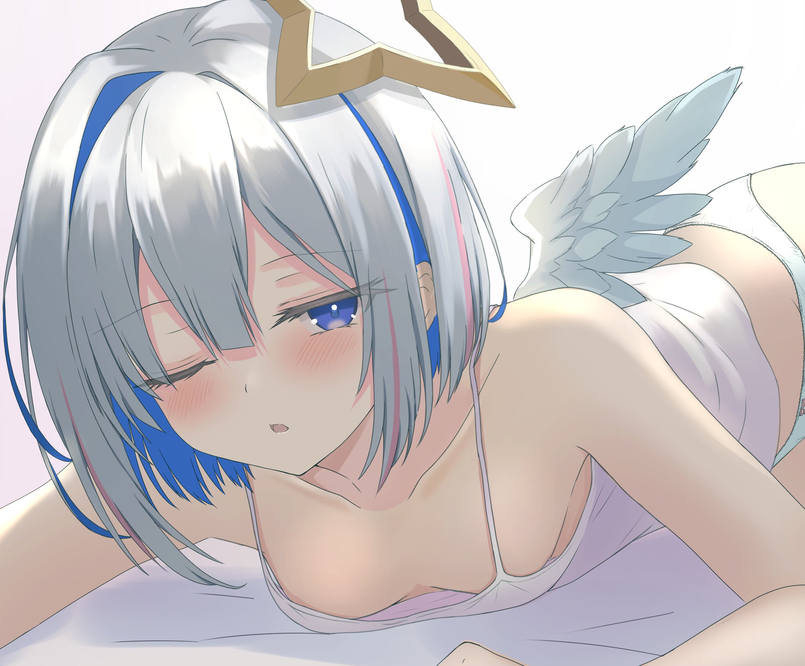 nishiki vx, amane kanata, hololive, highres, 1girl, angel, angel wings, blue eyes, blue hair, blush, camisole, collarbone, colored inner hair, feathered wings, flat chest, gold halo, grey hair, halo, looking at viewer, lying, multicolored hair, on bed, on stomach, one eye closed, panties, short hair, sidelocks, simple background, single hair intake, solo, star halo, two-tone hair, underwear, underwear only, virtual youtuber, white background, white camisole, white panties, white wings, wings