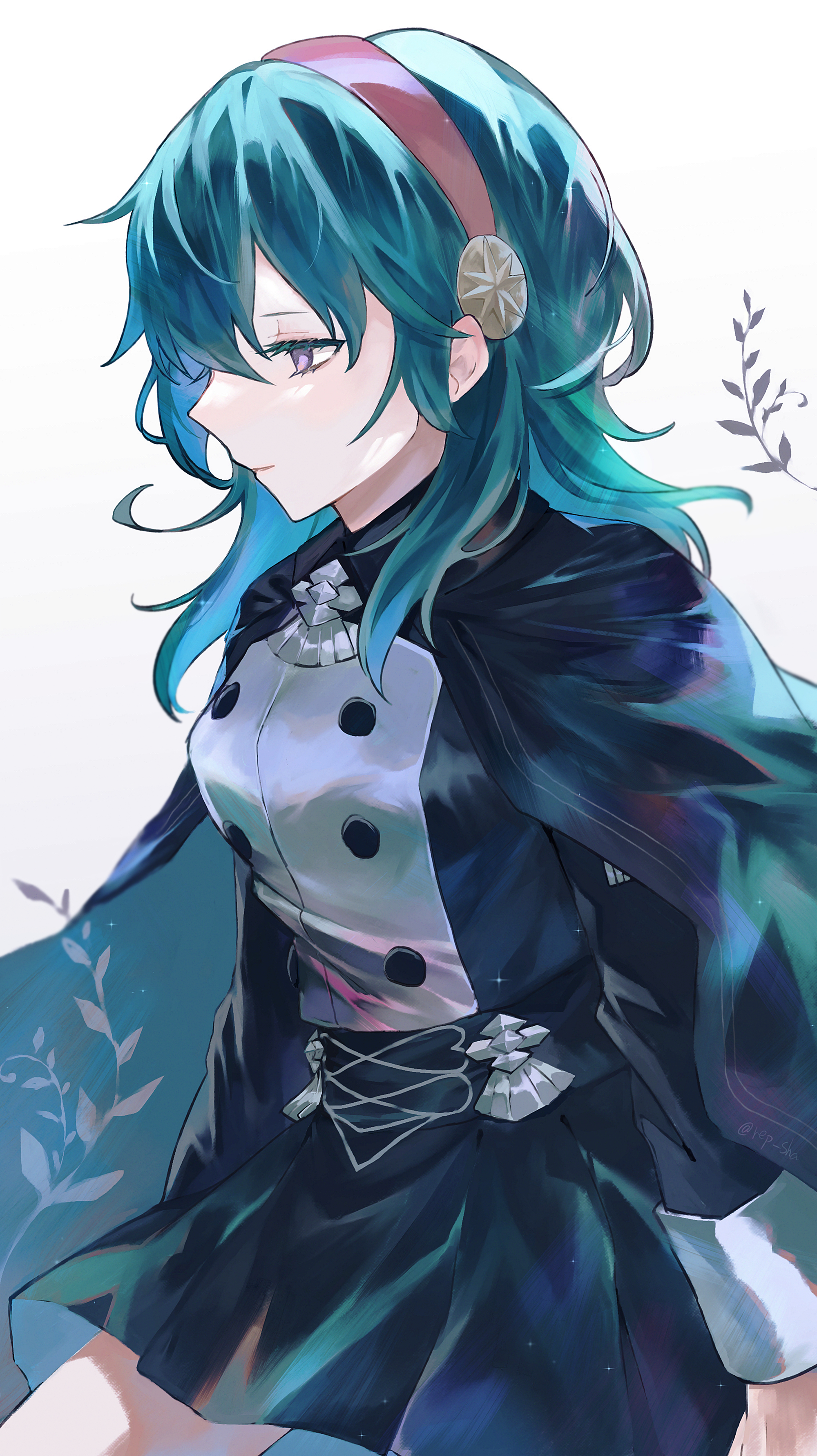 repu (rep sha), female byleth (academy) (fire emblem), female byleth (fire emblem), fire emblem, fire emblem: three houses, nintendo, absurdres, highres, 1girl, alternate costume, blue eyes, blue hair, breasts, brooch, cape, closed mouth, garreg mach monastery uniform, green hair, hairband, jewelry, long hair, long sleeves, medium breasts, medium hair, pink hairband, skirt, solo, upper body
