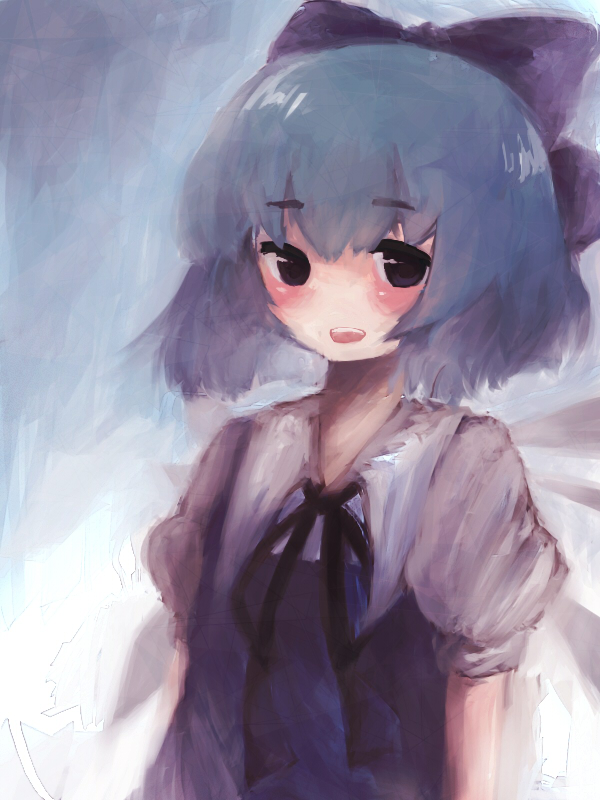 hinata shou, cirno, embodiment of scarlet devil, touhou, bad id, bad pixiv id, 1girl, blue hair, female focus, gradient background, solo, upper body, white background, wings