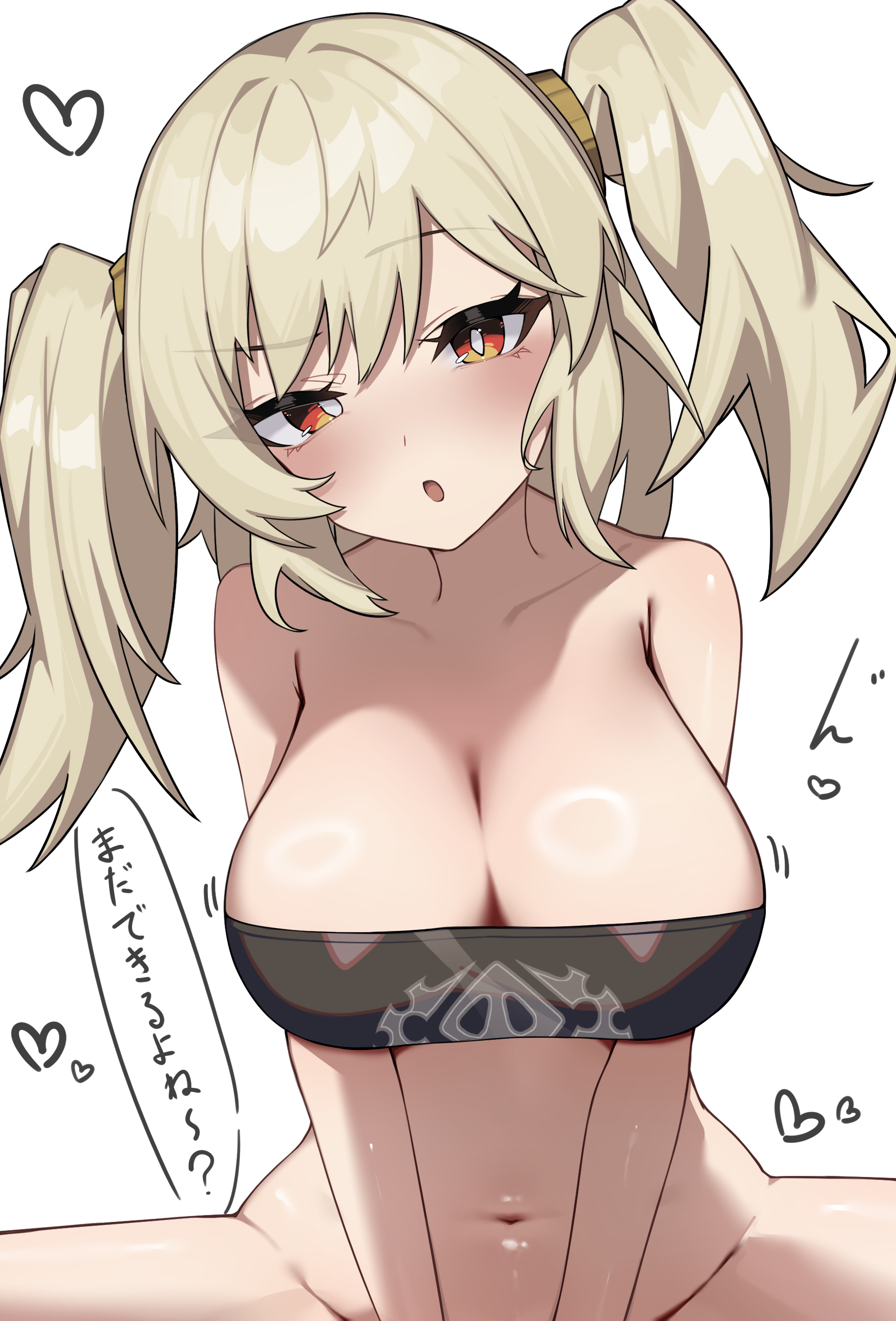 burnice white, zenless zone zero, absurdres, highres, 1girl, blonde hair, blush, breasts, crop top, heart, implied sex, looking at viewer, navel, open mouth, pov, red eyes, ring light reflection, short twintails, speech bubble, twintails, urokana