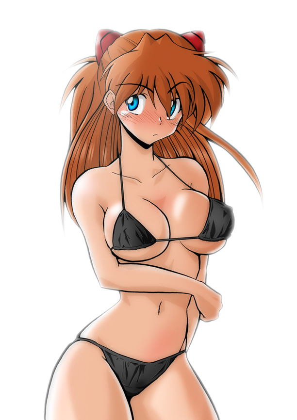 dourakuya honpo, hetano yokoduki, souryuu asuka langley, neon genesis evangelion, 1girl, alternate breast size (larger), bikini, black bikini, blue eyes, blush, breasts, cowboy shot, female focus, large breasts, long hair, navel, simple background, solo, swimsuit, white background