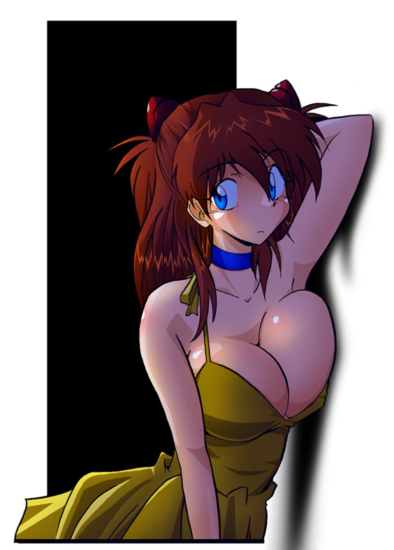 dourakuya honpo, hetano yokoduki, souryuu asuka langley, neon genesis evangelion, 1girl, alternate breast size (larger), blue eyes, breast press, breasts, choker, cleavage, dress, female focus, large breasts, simple background, solo, yellow dress
