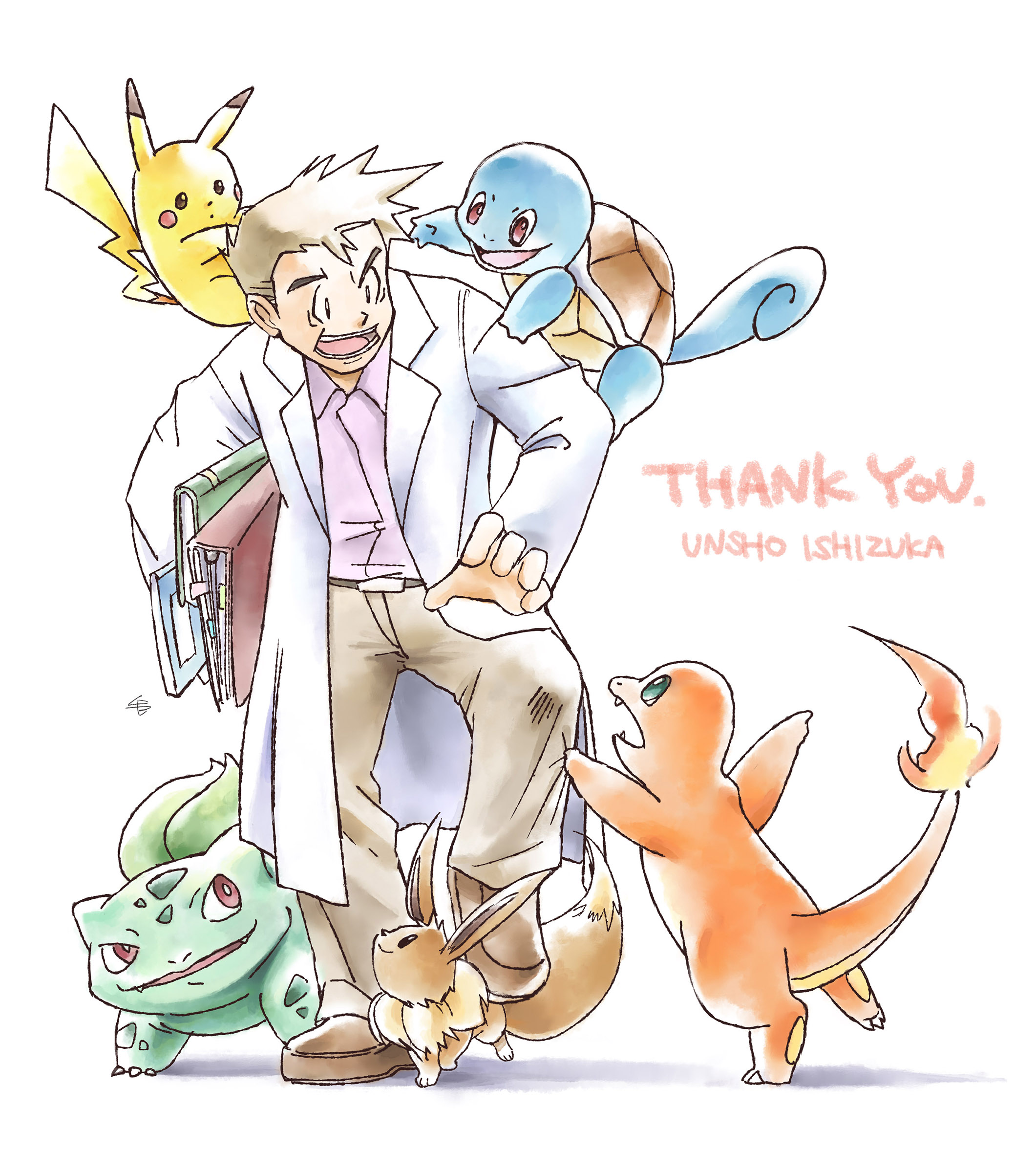 mei ford, bulbasaur, charmander, eevee, pikachu, professor oak, squirtle, nintendo, pokemon, pokemon rgby, absurdres, commentary request, highres, 1boy, blue eyes, book, brown pants, brown shoes, claws, coat, fangs, fire, flame-tipped tail, full body, gen 1 pokemon, holding, holding book, long sleeves, male focus, on shoulder, open mouth, pants, pokemon (creature), pokemon on shoulder, purple shirt, shirt, shoes, short hair, simple background, starter pokemon trio, sugimori ken (style), tail, thank you, white background, white coat