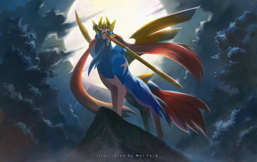 mei ford, zacian, nintendo, pokemon, commentary request, cliff, cloud, full body, gen 8 pokemon, glint, holding, holding sword, holding weapon, legendary pokemon, looking at viewer, moon behind head, night, outdoors, pokemon (creature), red eyes, solo, sword, sword in mouth, weapon