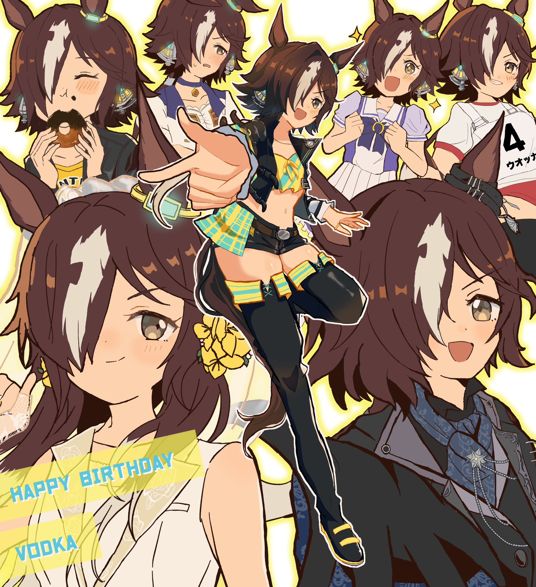 vodka (casual) (umamusume), vodka (heart ignition!!) (umamusume), vodka (umamusume), vodka (wild top gear) (umamusume), umamusume, highres, 1girl, :d, animal ears, bare shoulders, birthday, black boots, black jacket, black shorts, boots, bow, bowtie, brown eyes, brown hair, buruma, character name, choker, crop top, cropped jacket, donut, dress, ear ornament, food, hair ornament, hair over one eye, happy birthday, holding, holding food, horse ears, horse girl, horseshoe ornament, imooo4x, jacket, leather, leather jacket, long hair, long sleeves, looking at viewer, multicolored hair, multiple views, nontraditional wedding dress, official alternate costume, open clothes, open jacket, open mouth, original race uniform (umamusume), pendant choker, pleated skirt, pointing, pointing at viewer, puffy short sleeves, puffy sleeves, purple bow, purple bowtie, purple choker, purple shirt, race bib, red buruma, sailor collar, sailor shirt, school uniform, shirt, short shorts, short sleeves, shorts, skirt, smile, starting future (umamusume), stopwatch, stopwatch around neck, streaked hair, thigh boots, tracen school uniform, watch, wedding dress, white dress, white hair, white jacket, white skirt, yellow shirt