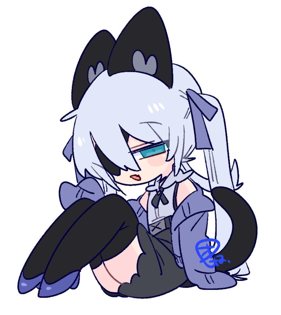 op na yarou, original, commentary, 1boy, :d, animal ear fluff, animal ears, bare shoulders, black choker, black corset, black neckerchief, black skirt, black tail, black thighhighs, blue bow, blue cardigan, blue eyes, bow, cardigan, cat boy, cat ears, cat tail, chibi, chibi only, choker, collared shirt, corset, crossdressing, crossdressing (mtf), double-parted bangs, eyepatch, fang, flipped hair, frilled shirt collar, frills, from side, full body, grey shirt, hair between eyes, hair bow, hand up, high heels, jitome, knees up, light blush, long hair, long sleeves, looking at viewer, male focus, miniskirt, neckerchief, no nose, off shoulder, one eye covered, open cardigan, open clothes, open mouth, parted lips, purple shoes, quad tails, reclining, rigel (op na yarou), shirt, shoes, sidelocks, simple background, skin fang, skirt, sleeveless, sleeveless shirt, sleeves past fingers, sleeves past wrists, smile, solo, straight hair, tail, thighhighs, thighs, trap, very long hair, watermark, white background, white hair