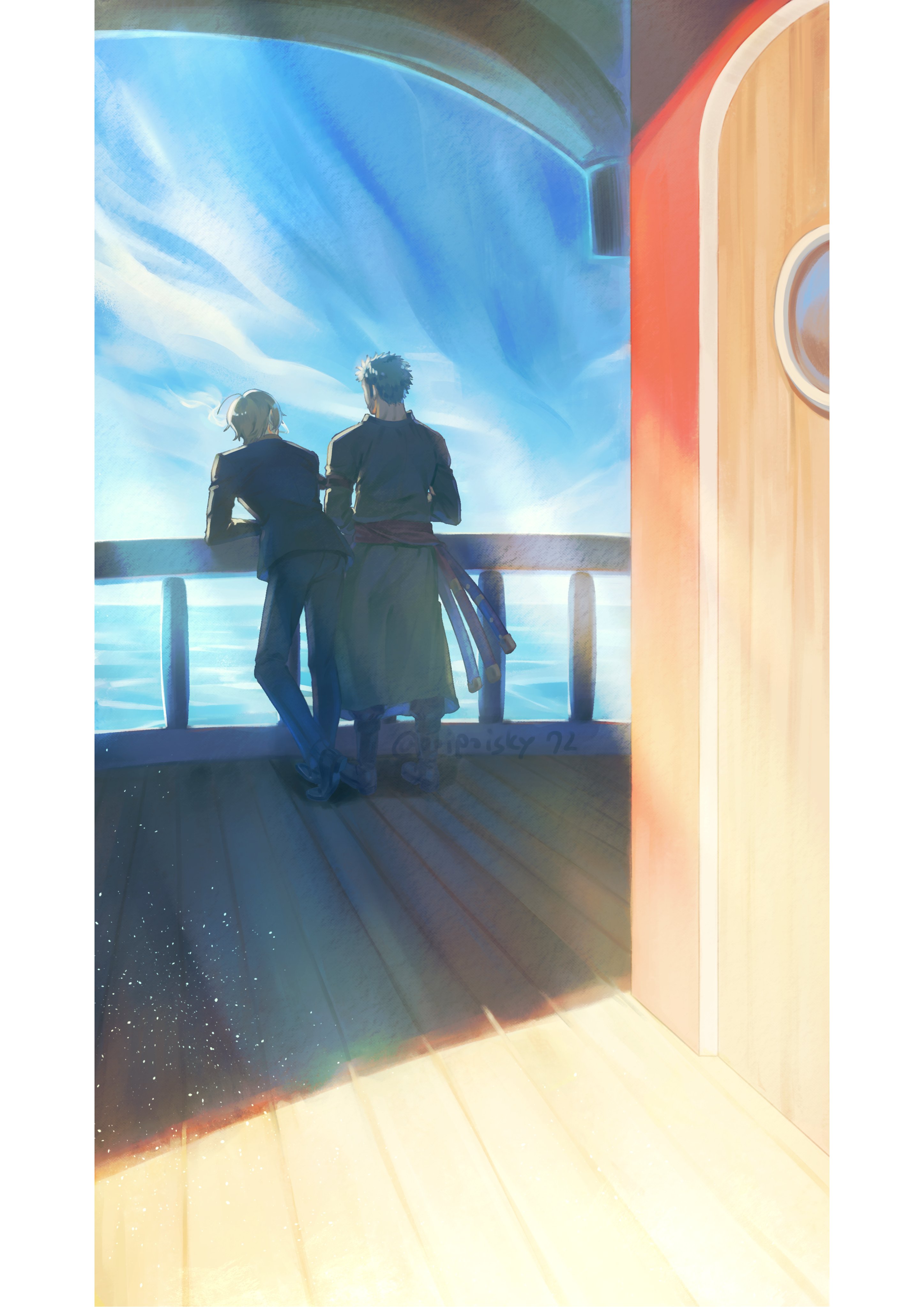 poipoisky72, roronoa zoro, sanji (one piece), one piece, absurdres, commentary request, highres, 2boys, against railing, black jacket, blonde hair, blue sky, cloud, from behind, green hair, green kimono, jacket, japanese clothes, kimono, light particles, long sleeves, multiple boys, outdoors, railing, short hair, sky, standing