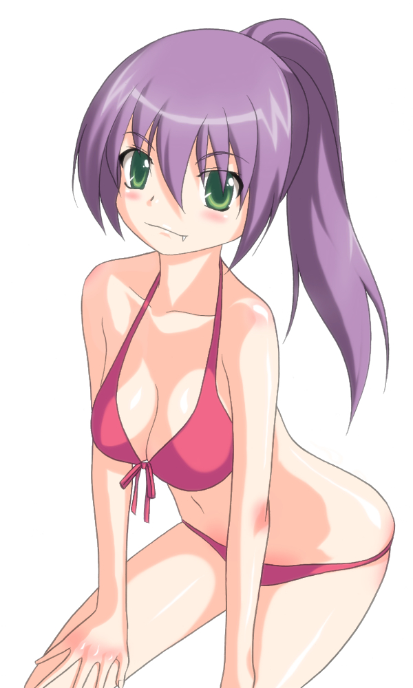 yuuki1103, original, 1girl, bikini, breasts, cleavage, fang, female focus, green eyes, large breasts, long hair, ponytail, purple hair, red bikini, solo, swimsuit