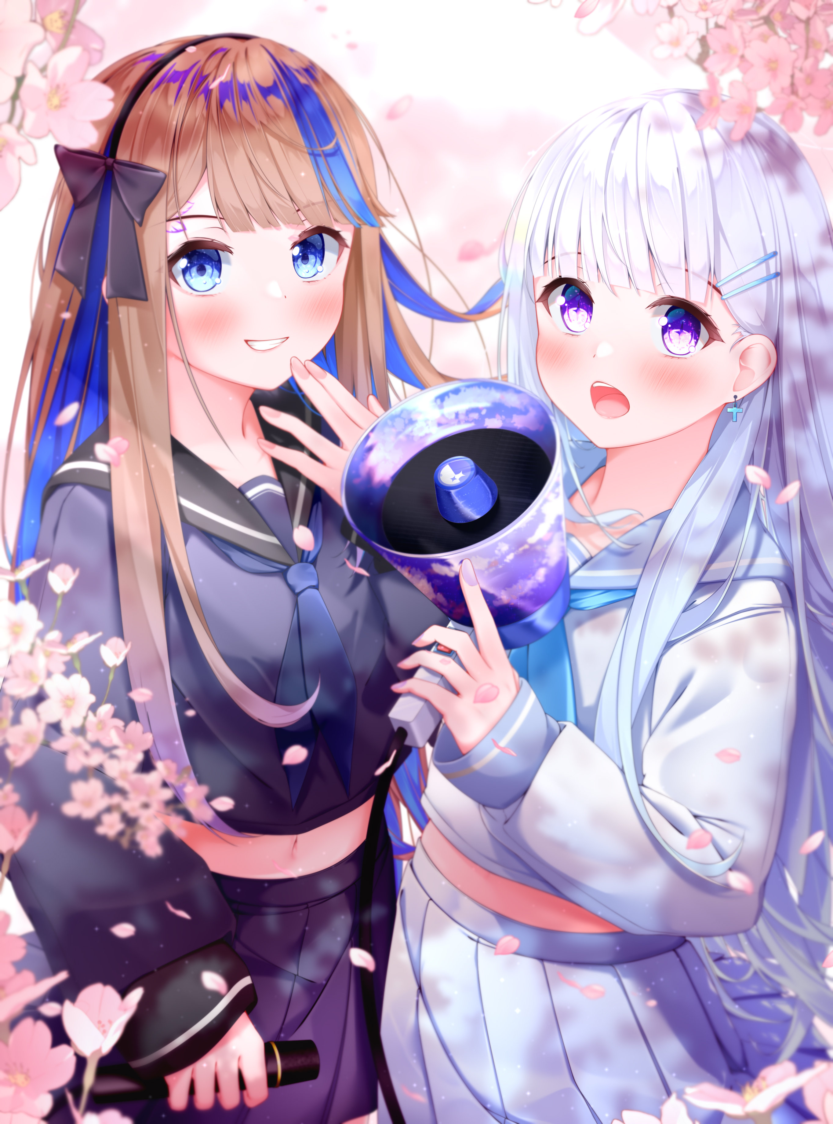 jelin yam, airi kanna, ayatsuno yuni, stellive, absurdres, commentary request, highres, korean commentary, 2girls, black bow, black sailor collar, blue eyes, blue hair, blue neckerchief, blush, bow, cherry blossoms, crop top, cropped shirt, day, diploma, falling petals, grey hair, grey sailor collar, grin, hair bow, hair ornament, hairclip, holding, holding diploma, holding megaphone, long hair, long sleeves, looking at viewer, megaphone, midriff, multicolored hair, multiple girls, navel, neckerchief, open mouth, outdoors, parallel hairclips, petals, pleated skirt, purple serafuku, purple shirt, purple skirt, sailor collar, school uniform, serafuku, shirt, skirt, smile, star-shaped pupils, star (symbol), straight hair, symbol-shaped pupils, very long hair, virtual youtuber, white serafuku, white shirt, white skirt