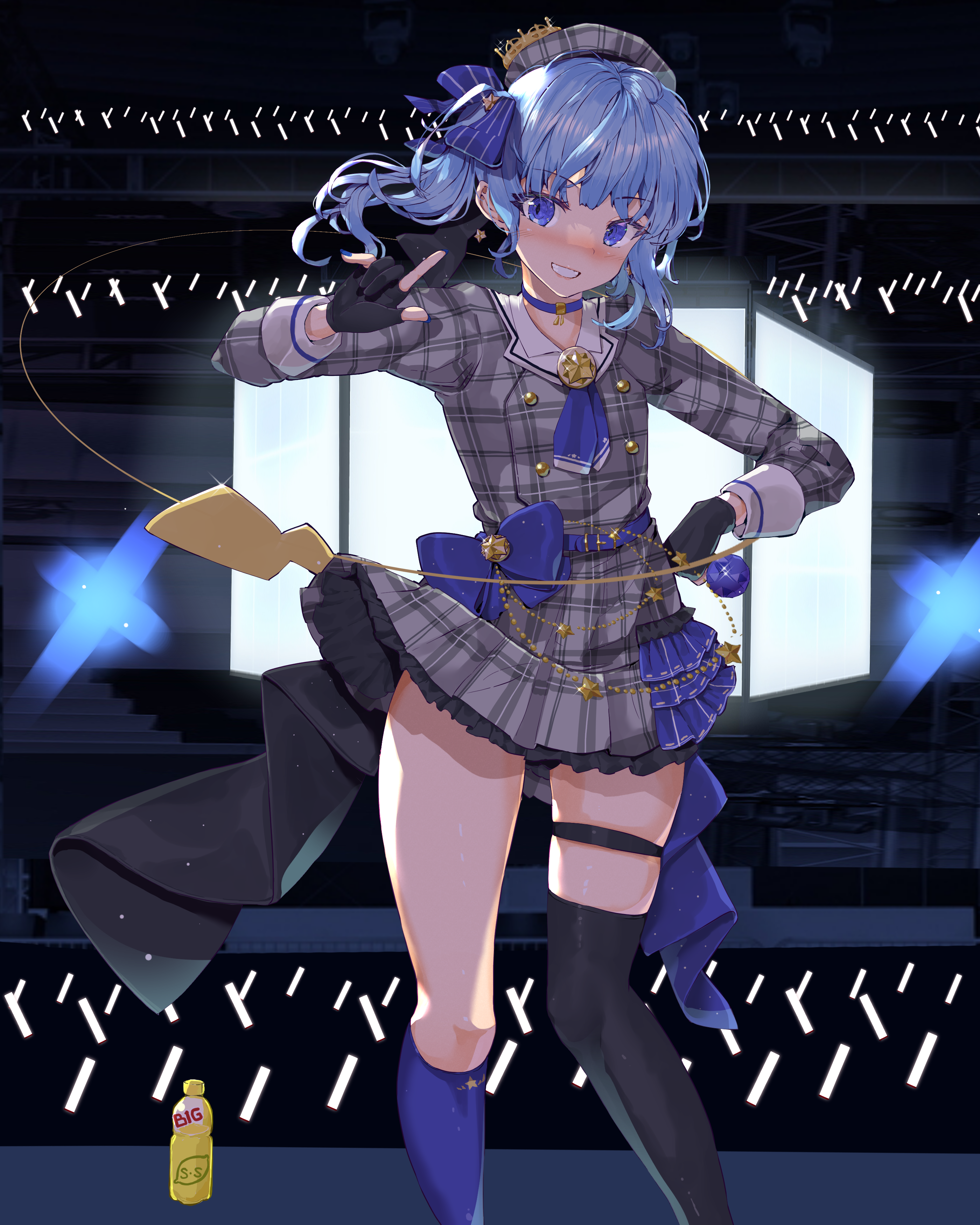 fujiko (emnprmn), hoshimachi suisei, hoshimachi suisei (1st costume), hololive, absurdres, highres, 1girl, ascot, asymmetrical legwear, black gloves, blue ascot, blue bow, blue choker, blue eyes, blue hair, blue ribbon, bottle, bow, choker, dress, gloves, glowstick, grin, hair ribbon, holding, holding microphone, index finger raised, microphone, mismatched legwear, penlight (glowstick), plaid clothes, plaid dress, ribbon, sailor collar, side ponytail, single thighhigh, smile, solo, solo focus, stage lights, thigh strap, thighhighs, thighs, virtual youtuber