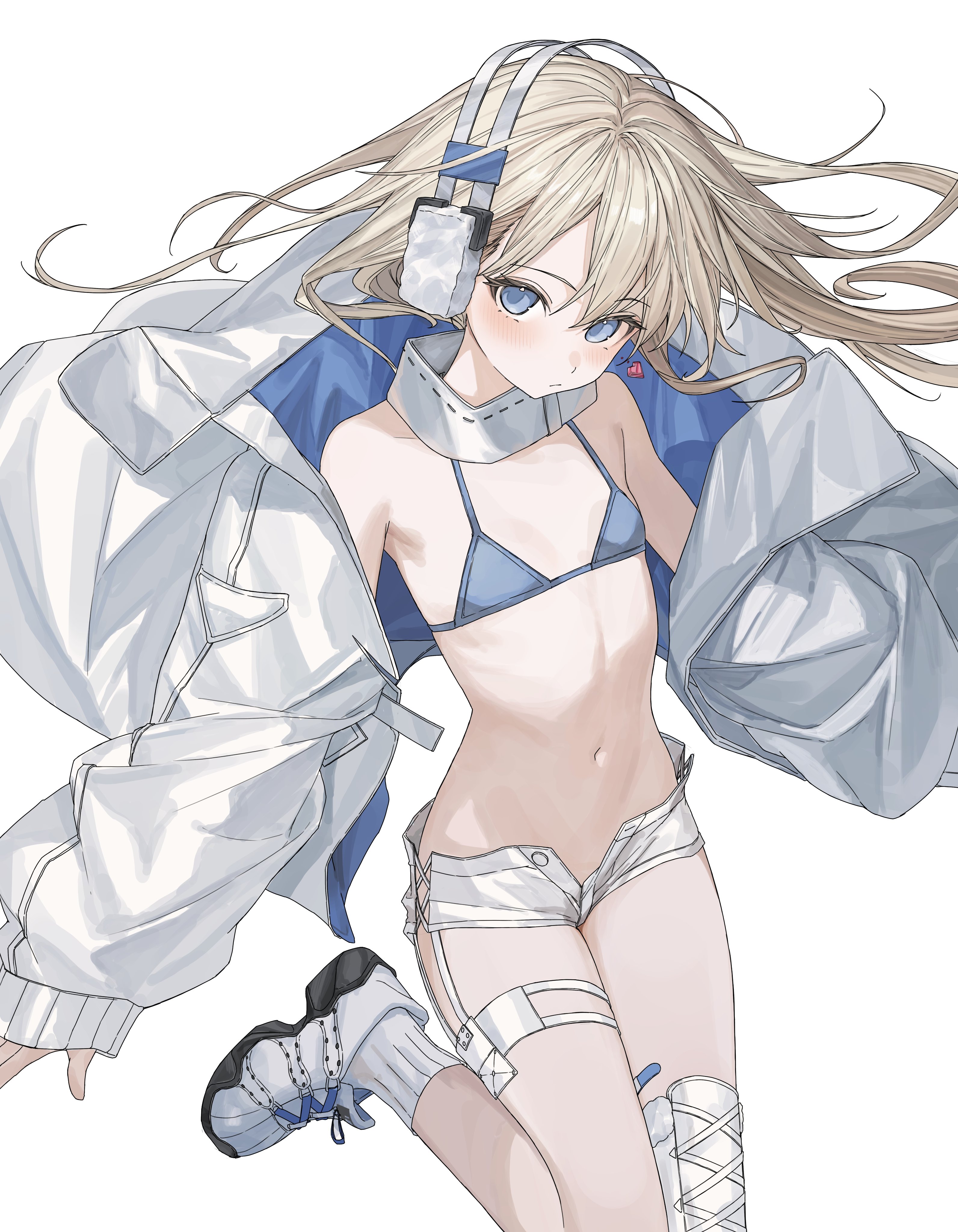 karyln, original, absurdres, commentary, highres, symbol-only commentary, 1girl, bare shoulders, bikini, blonde hair, blue bikini, blue eyes, breasts, closed mouth, detached collar, expressionless, floating hair, headphones, jacket, leg up, long hair, long sleeves, looking at viewer, navel, off shoulder, open clothes, open fly, open jacket, puffy long sleeves, puffy sleeves, shoes, short shorts, shorts, simple background, single thighhigh, small breasts, socks, solo, stomach, string bikini, swimsuit, thigh strap, thighhighs, thighs, white background, white jacket, white shoes, white shorts, white socks, white thighhighs