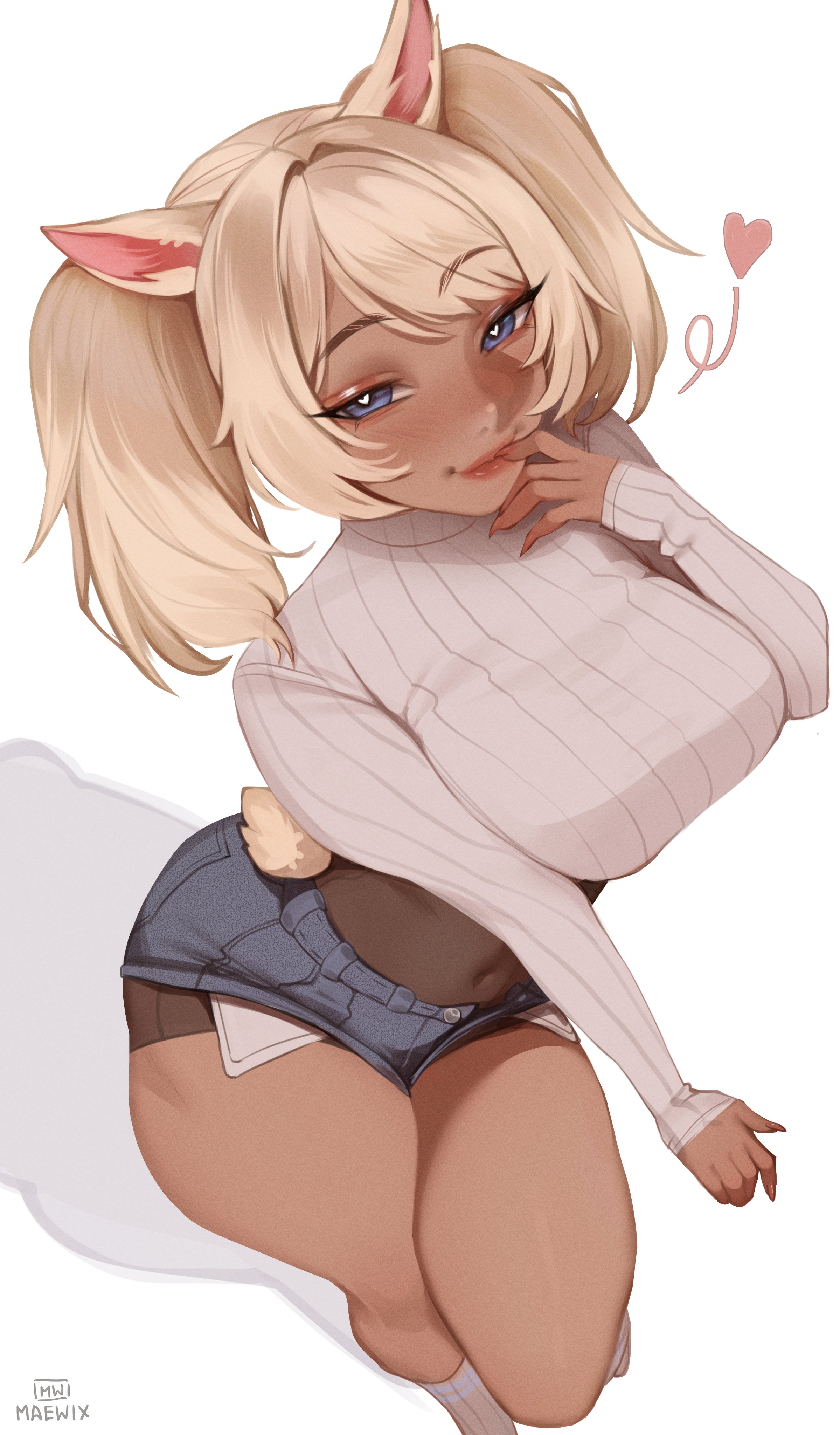 maewix (artist), shephira (cert), original, absurdres, commentary, commission, highres, 1girl, animal ears, artist name, bare legs, blonde hair, blue eyes, blue shorts, blush, borrowed character, breasts, dark-skinned female, dark skin, exposed pocket, finger to mouth, heart, heart-shaped pupils, large breasts, long sleeves, looking at viewer, medium hair, micro shorts, ribbed sweater, shorts, simple background, sleeves past wrists, smile, socks, solo, sweater, symbol-shaped pupils, tail, turtleneck, turtleneck sweater, twintails, white background, white socks, white sweater